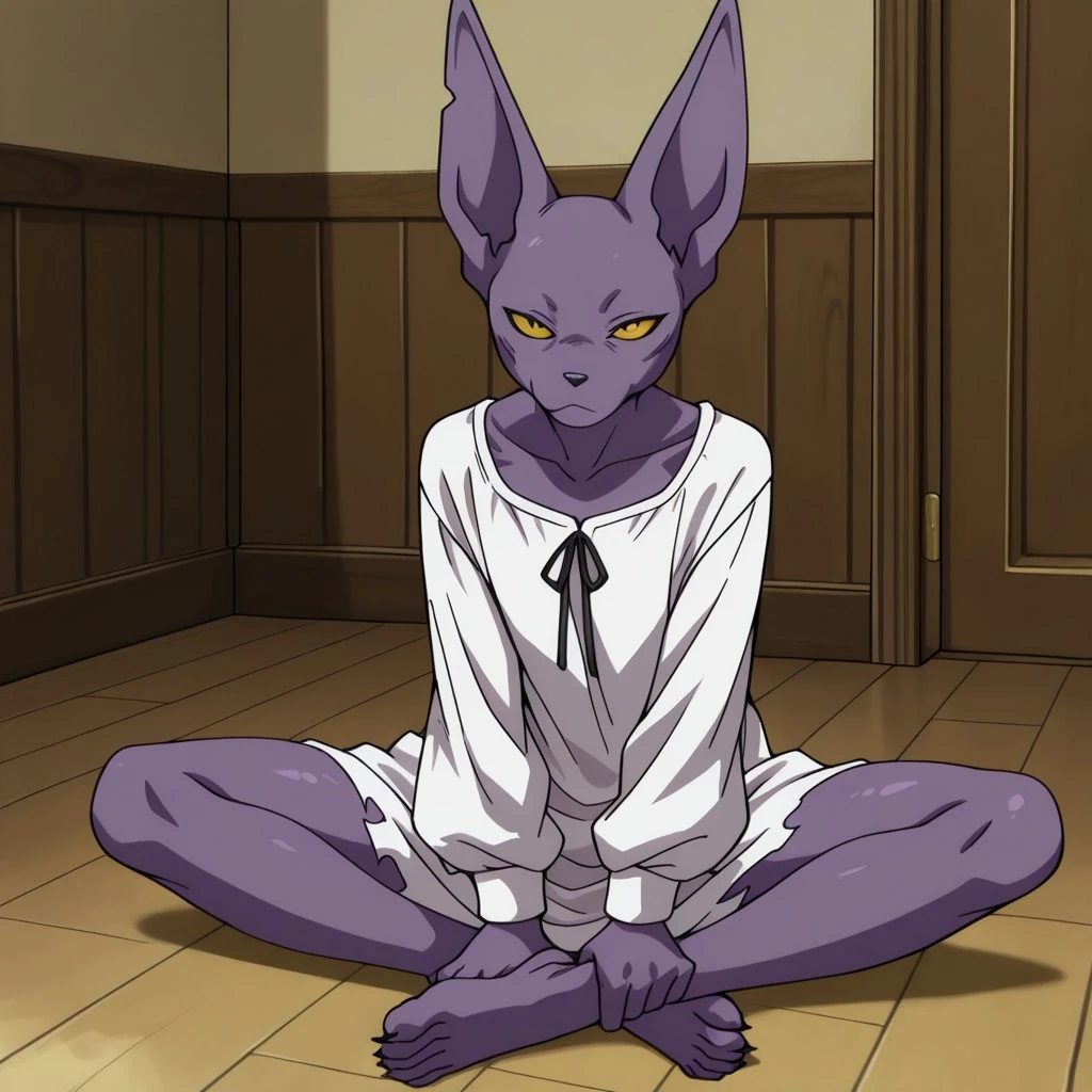 masterpiece, best quality, amazing quality,dbbeerusil, anthro, male, feline, purple skin, yellow eyes, masterpiece, best quality, amazing quality,dbbeerusil, anthro, male, feline, purple skin, yellow eyes, inside, torn clothes, white night gown, sitting on floor, solo, 1boy