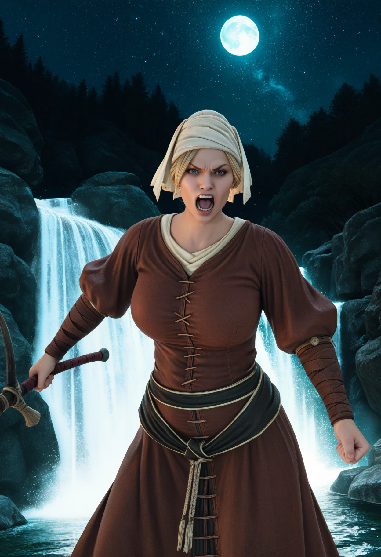 masterpiece, best quality, newest, realistic, photorealistic, hdr, waterfall, moon, moonlight, star \(sky\), starry sky, outdoors, looking at viewer, angry, shouting, mature female, curvy, white head scarf, blonde hair, short hair, puffy sleeves, long sleeves, brown arm wrap, blue eyes, brown dress, sash, holding weapon, incoming attack, foreshortening, dynamic pose,
<lora:Milibeth:0.7>