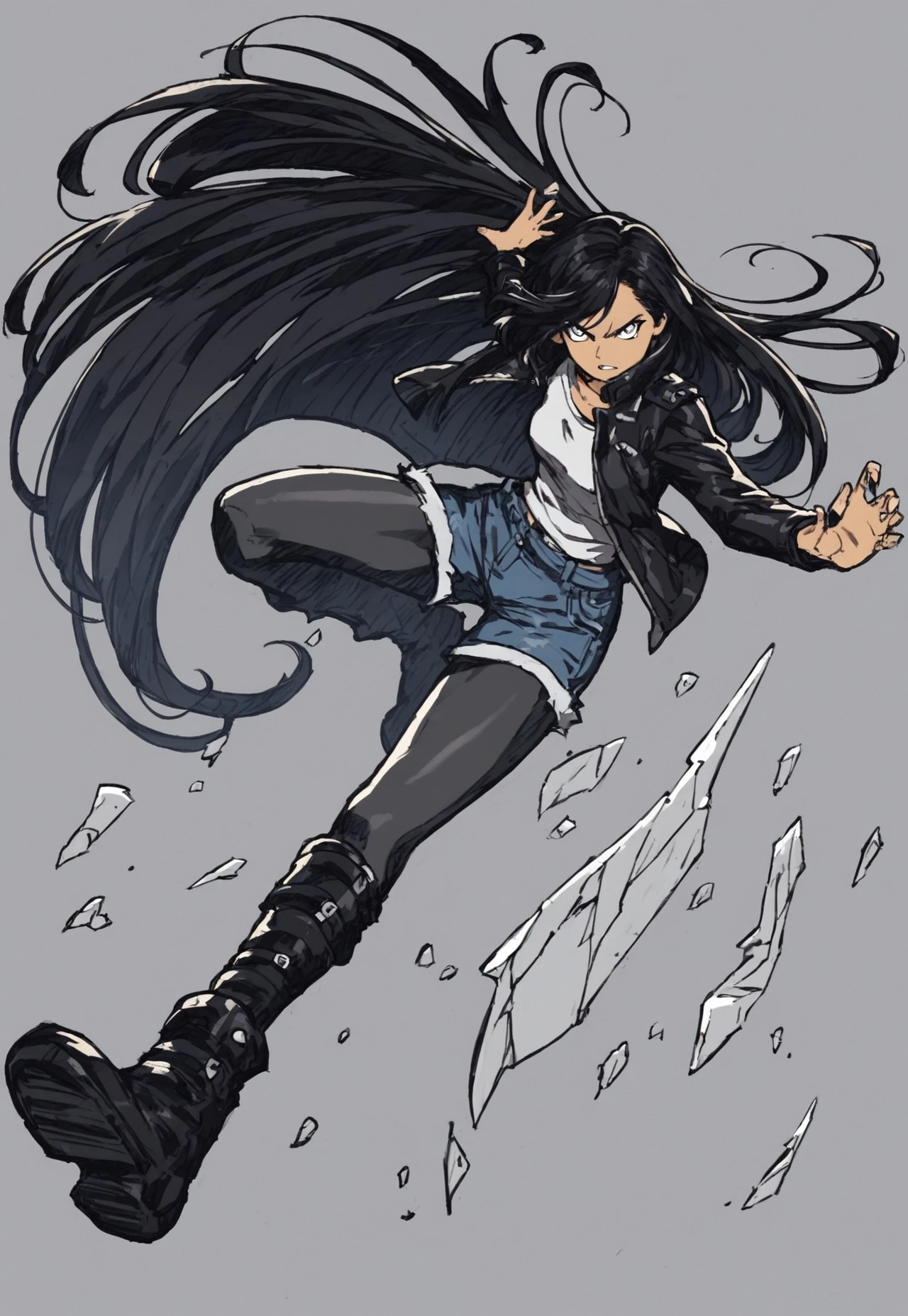 score_9, score_8_up, score_7_up, score_6_up, BREAK
,s1_dram, broken glass, glowing eyes, powerful aura, dark room, floating broken shards of glass, powerful stance, ,Aura, angry, fists, cleavege ,Aura ,((((lightskin girl, young, low cut shirt, jean shorts, pantyhose, leather boots, leather jacket, power stance, cinematography, bangs, ironed straight hair, long hair, black hair))))Riders, shading