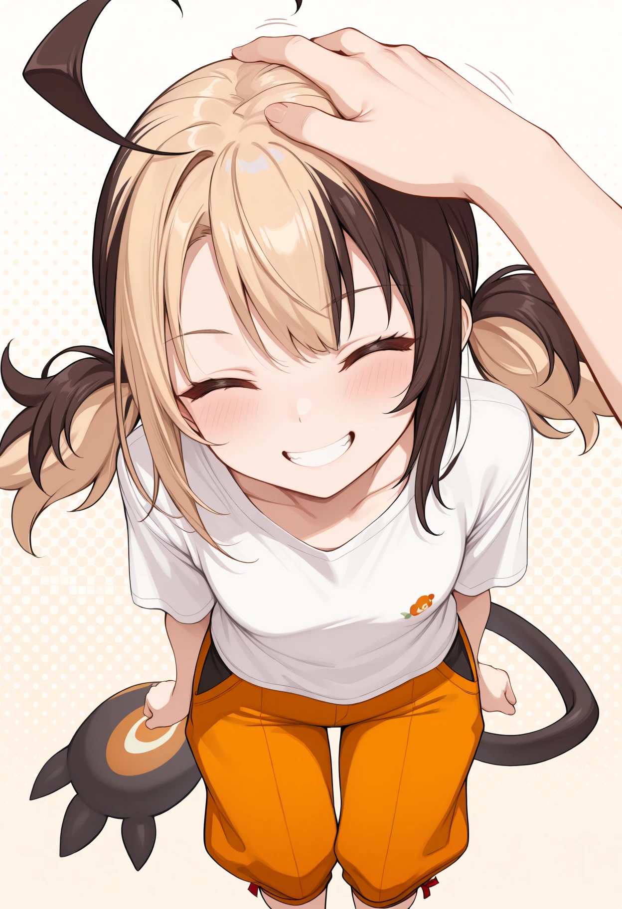 masterpiece, best quality, 1girl, solo, Gigi, multicolored hair, short twintails, ahoge, tail, pov, pov hand, headpat, from above, closed eyes, grin, blush, motion lines, t-shirt, white shirt, capri pants, orange pants, baggy pants, simple background, pattern background, polka dot background, <lora:ChamGigiMurinIllustriousXL:1>