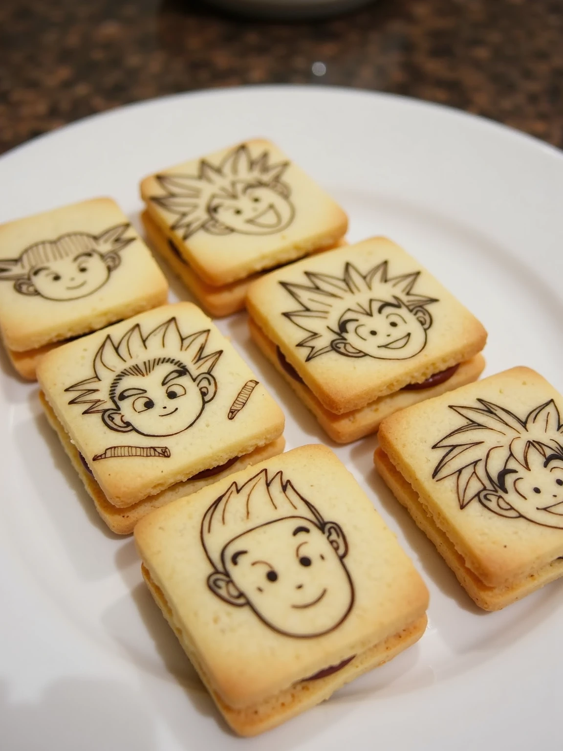 biscoito passatempo The image shows a white plate with six squared sandwich cookies on it. The cookies are arranged in a row and appear to be freshly baked. Each cookie has a dragonball anime character face drawn on it in black ink. The design features a dbz character with a smile on its face, wearing a ssj2 hair. Vegeta face is drawn in a intricate, manga-like style and the other there is goku face. The background of the image is blurred, but it appears to be a kitchen countertop.