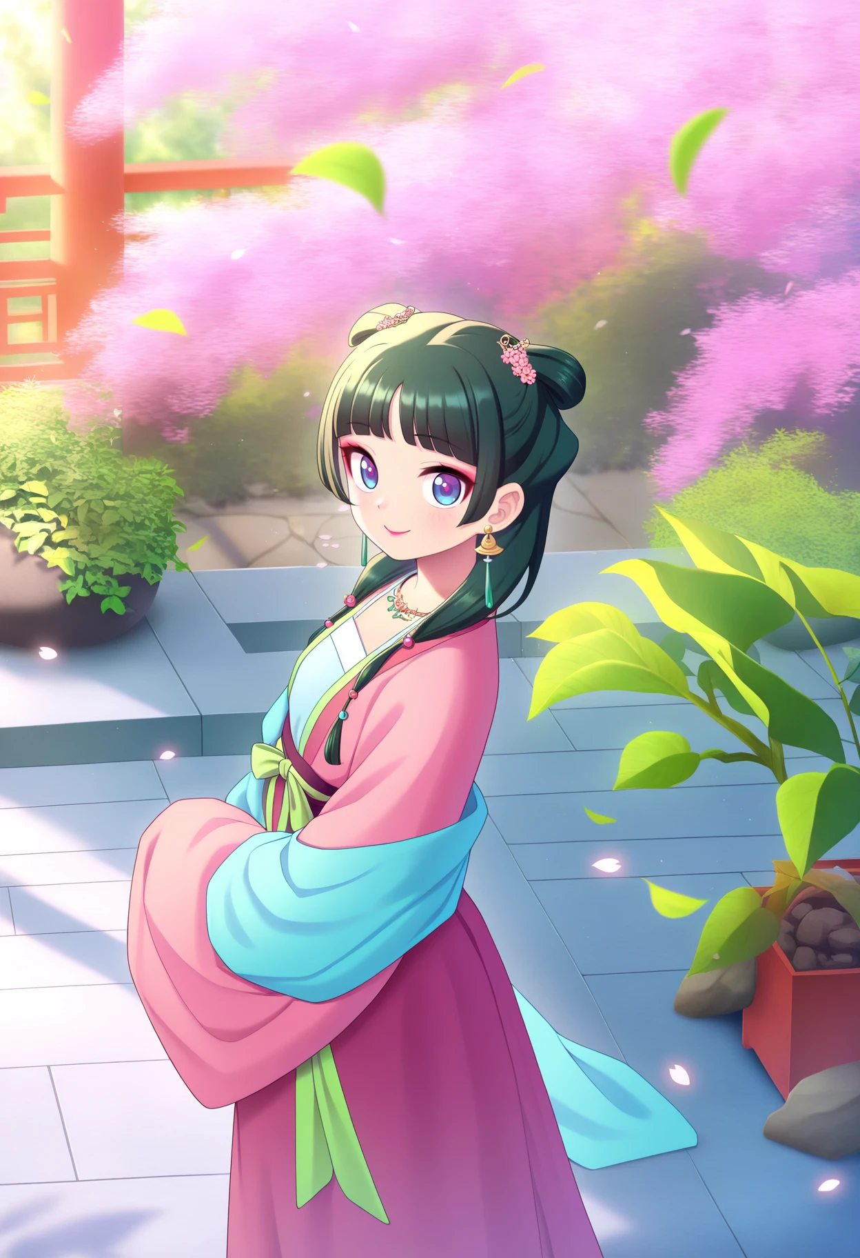 best quality, amazing quality, very aesthetic, absurdres,
1girl, maohanfu, green hair, bangs, long hair, blue eyes, hair ornament, makeup,
chinese clothes, pink dress, earrings, hanfu, wide long sleeves, necklace,
smile, looking at viewer, solo, outdoors, festival, sunray, sakura, sakura petals, flowing pink sakura petals, japanese temple, spring, japanese decoration, leaf, ivy, rock, nature, plant, extremely detailed environnement, hanabi flower, distant (excessive plant), green plant everywhere, loaded, mystical, red glowing flower, depth of field, game cg, <lora:MaoMaoNoobXL_byKonan:1>