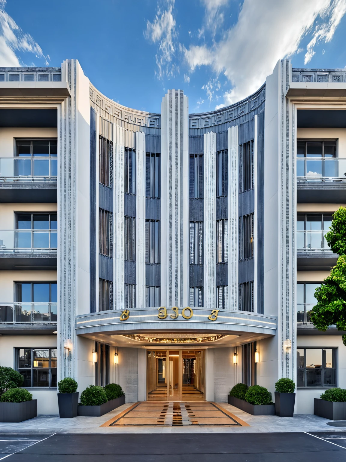 <lora:JJsArtdecoBuilding_XL:1> , ((Artdeco Building)), ((Building)),(masterpiece) , ((best quality)), dramatic lighting, high quality, outdoors, sky, day, cloud, blue sky, building, scenery, road, real world location, sunlight, enough detail, high resolution,super realistic, Photorealistic, highly detailed, balcony, plants, door,, parking slot, paving, highly detailed,, city, cityscape,