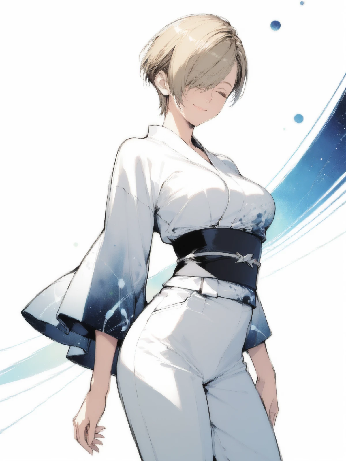 Best quality, Masterpieces, Line sketch, color halftone, Messy Lines, simple background with a minimalist design, lots of negative space, delicate anime-style illustration, poetic atmosphere, (final fantasy girl), highly detailed beautiful face and eyes, dark blonde, pixie cut, hair over one eye, midium breast, light pubic hair, beautiful, Yukata-inspired top with cropped slim pants, sleeping, amused smile, arched back, Medium Shot