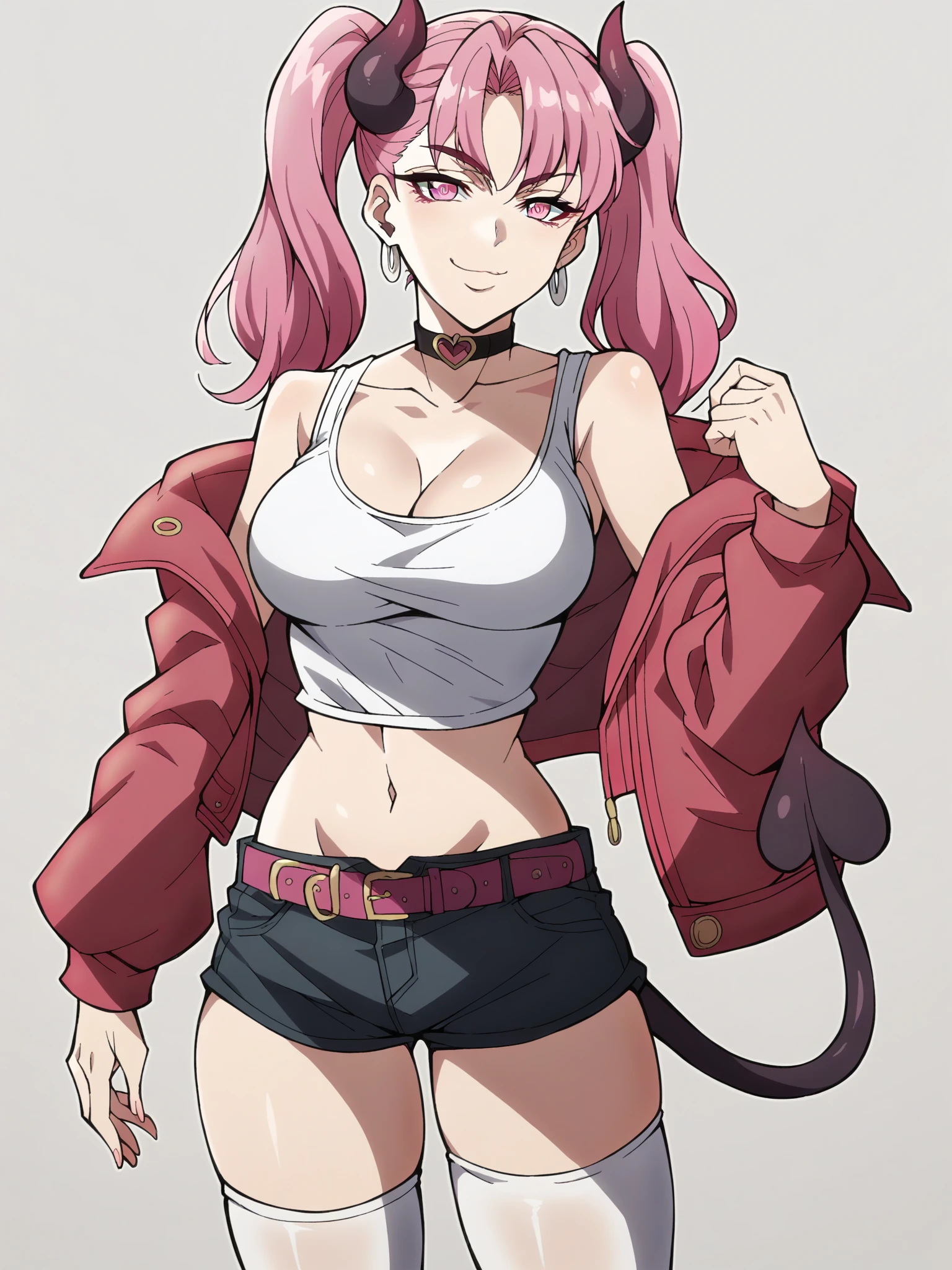 score_9, score_8_up, score_7_up, score_6_up, score_5_up,
1girl, solo, breasts, tail, pink_hair, horns, demon_tail, shorts, jacket, twintails, large_breasts, smile, looking_at_viewer, long_hair, navel, choker, black_background, pink_eyes, short_shorts, belt, demon_girl, pink_jacket, demon_horns, simple_background, tank_top, open_jacket, cleavage, black_shorts, open_clothes, thighhighs, off_shoulder, bare_shoulders, closed_mouth, head_tilt, hair_between_eyes, cowboy_shot, jewelry, micro_shorts, collarbone, black_choker, white_thighhighs, crop_top, bangs, earrings, clothes_writing, shirt, midriff, standing, see-through, contrapposto, long_sleeves,
<lora:Jojo_Phantom_Blood_Battle_Tendency_Pony_SD8:1>