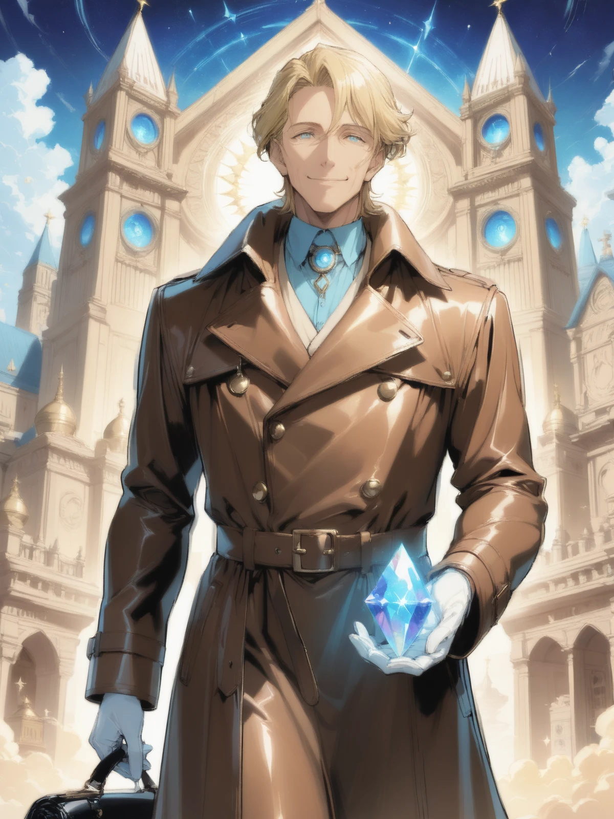 Best quality, Masterpieces, simple background, delicate anime-style illustration, (male focus:1.1), (middle-aged male), (detective), sporting a neatly trimmed, (short hairstyle), ((refined facial features)). (perceptive eyes exude insightfulness), Handsome facial structure, poised posture, ((blend of sophistication and stylishness)), creating an impression of wisdom combined with a fashionable allure, (((Large leather coat:1.1))), open clothes, ((leather bags at the waist)), (white gloves), drawer, Accessories decorated with old coins and jewels, mischievous smile, Medium Shot, Luminae stands as a bastion against darkness, featuring celestial towers adorned with glowing celestial crystals and celestial runes. The city floats amidst clouds, and its architecture is a blend of divine magic and celestial design. The details include radiant energies illuminating the city and temples dedicated to celestial beings