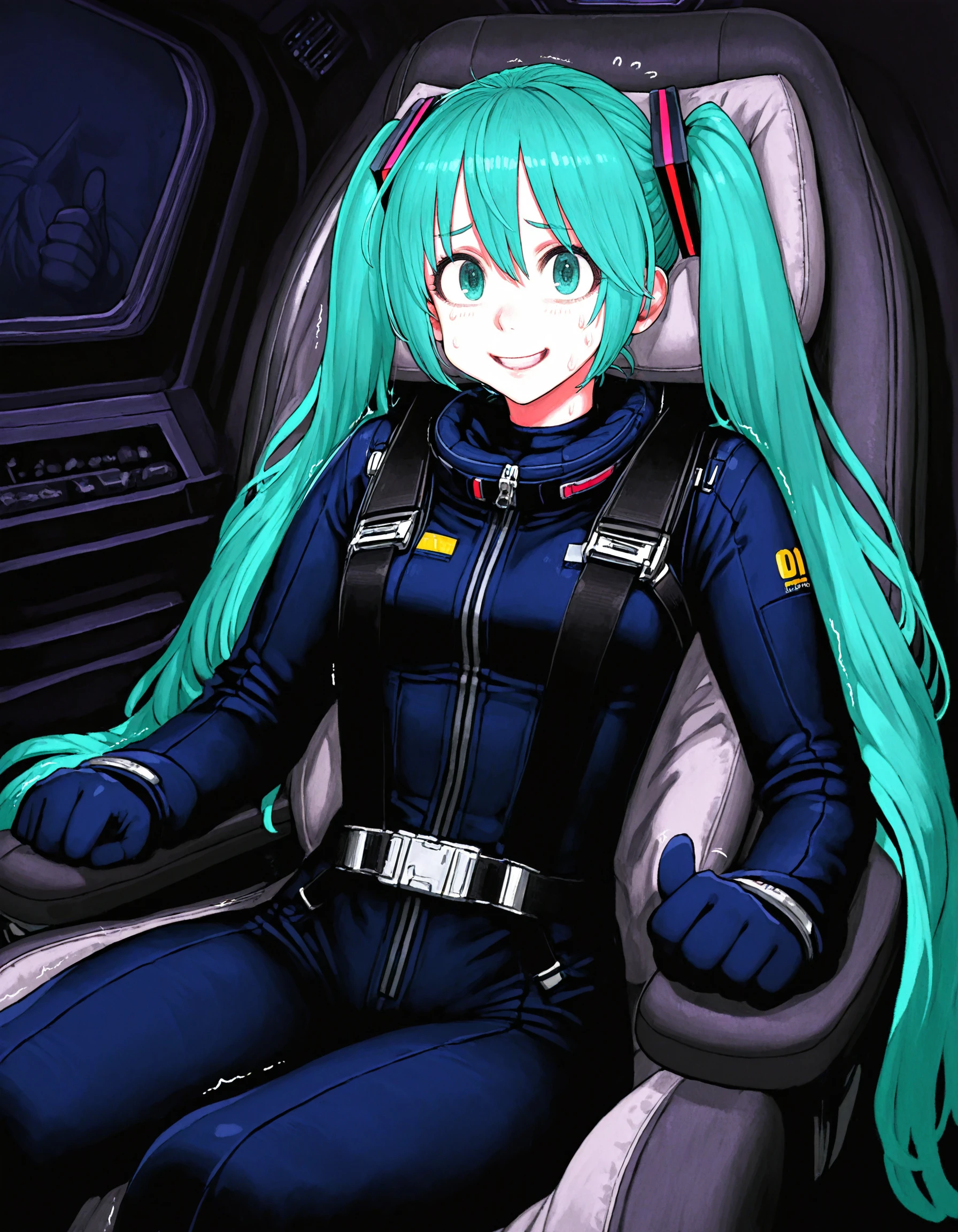 (jun \(navigavi\):0.8),1girl,solo,hatsune miku,sitting,seatbelt harness,pilot suit,g-suit,bodysuit,indoors,cockpit,from outside,tactical clothing,(looking at viewer:1.1),from side,(thumbs up:1.2),bean bag chair,massage chair,5 fingers,clenched hand,worried,nervous smile,trembling,dark,dark theme,masterpiece, best quality, absurdres, highres,  <lora:gforcenoobDORAfrv2-000008:0.9>