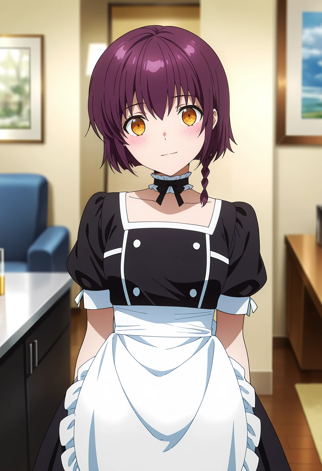 anime screencap, masterpiece, best quality,
<lora:MahoukaKoukouNoRettousei_SakuraiMinami_IlluXL:0.9>,
1girl, solo, closed mouth, light smile, head tilt, blush,
short hair, purple hair, single braid, multicolored eyes,
frilled choker, black dress, puffy short sleeves, waist apron, white apron, black skirt,
standing, looking at viewer, cowboy shot,
indoors, living room, blurry background