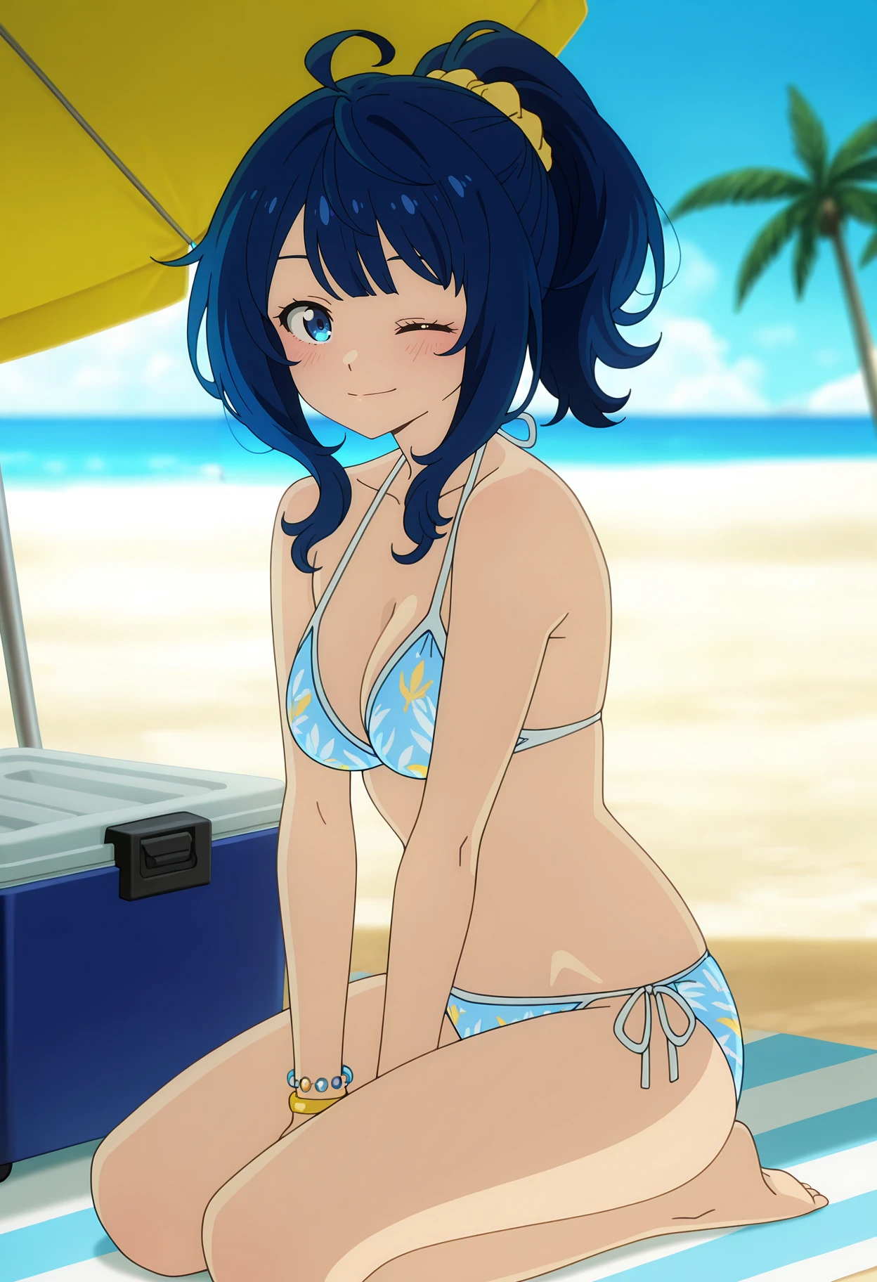 anime screencap, masterpiece, best quality,
<lora:MakeHeroineGaOosugiru_YanamiAnna_IlluXL:0.9>,
1girl, solo, closed mouth, light smile, blush, one eye closed,
ponytail, long hair, blue hair, blue eyes, ahoge, hair scrunchie, yellow scrunchie,
AnnaBikini, print bikini, blue bikini, halterneck, bracelet, medium breasts, side-tie bikini bottom, 
seiza, looking at viewer,
blurry background, outdoors, beach, day, horizon, cooler, palm tree, beach umbrella