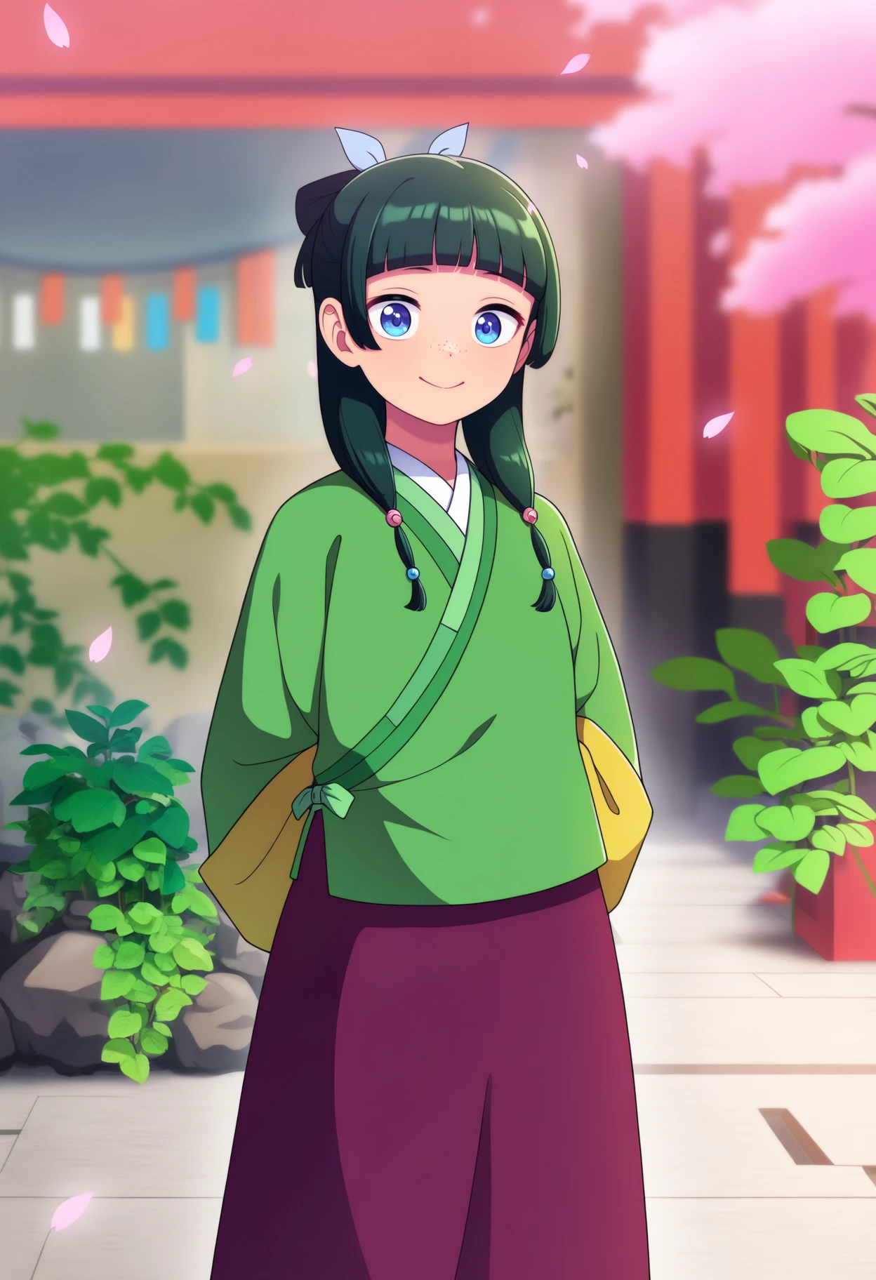 best quality, amazing quality, very aesthetic, absurdres,
1girl, maomao, blue eyes, blunt bangs, freckles, green hair, hair ornament,
green japanese clothes, long hair, long sleeves, purple skirt,
smile, looking at viewer, solo, outdoors, festival, sunray, sakura, sakura petals, flowing pink sakura petals, japanese temple, spring, japanese decoration, leaf, ivy, rock, nature, plant, extremely detailed environnement, hanabi flower, distant (excessive plant), green plant everywhere, loaded, mystical, red glowing flower, depth of field, game cg, <lora:MaoMaoNoobXL_byKonan:1>
