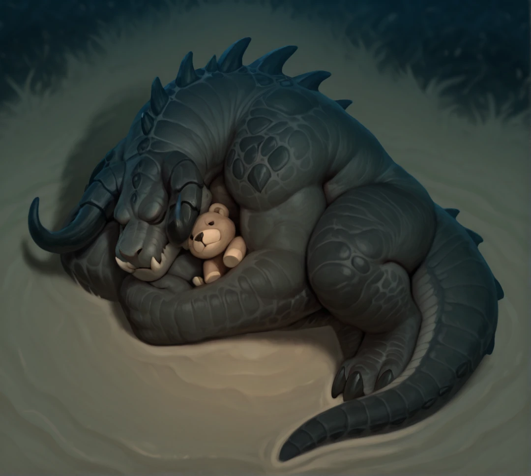 detailed face, detailed body, detailed background, perfect hands, perfect anatomy, masterpiece, high quality, best quality,
wasteland, ((blurry background)), dark, (night), wasteland, (laying down), cute, ((curled up)), (sleeping), (closed eyes), stars, holding teddy bear, plush toy, outdoors, sand
d3athclaw, monster, creature, scales, textured skin, horns, sharp teeth, spikes, fangs, muscular, full body, from above,
<lora:Deathclaw for Illustrious:0.9>, <lora:Detailer_NoobAI_Incrs_v1:0.3>