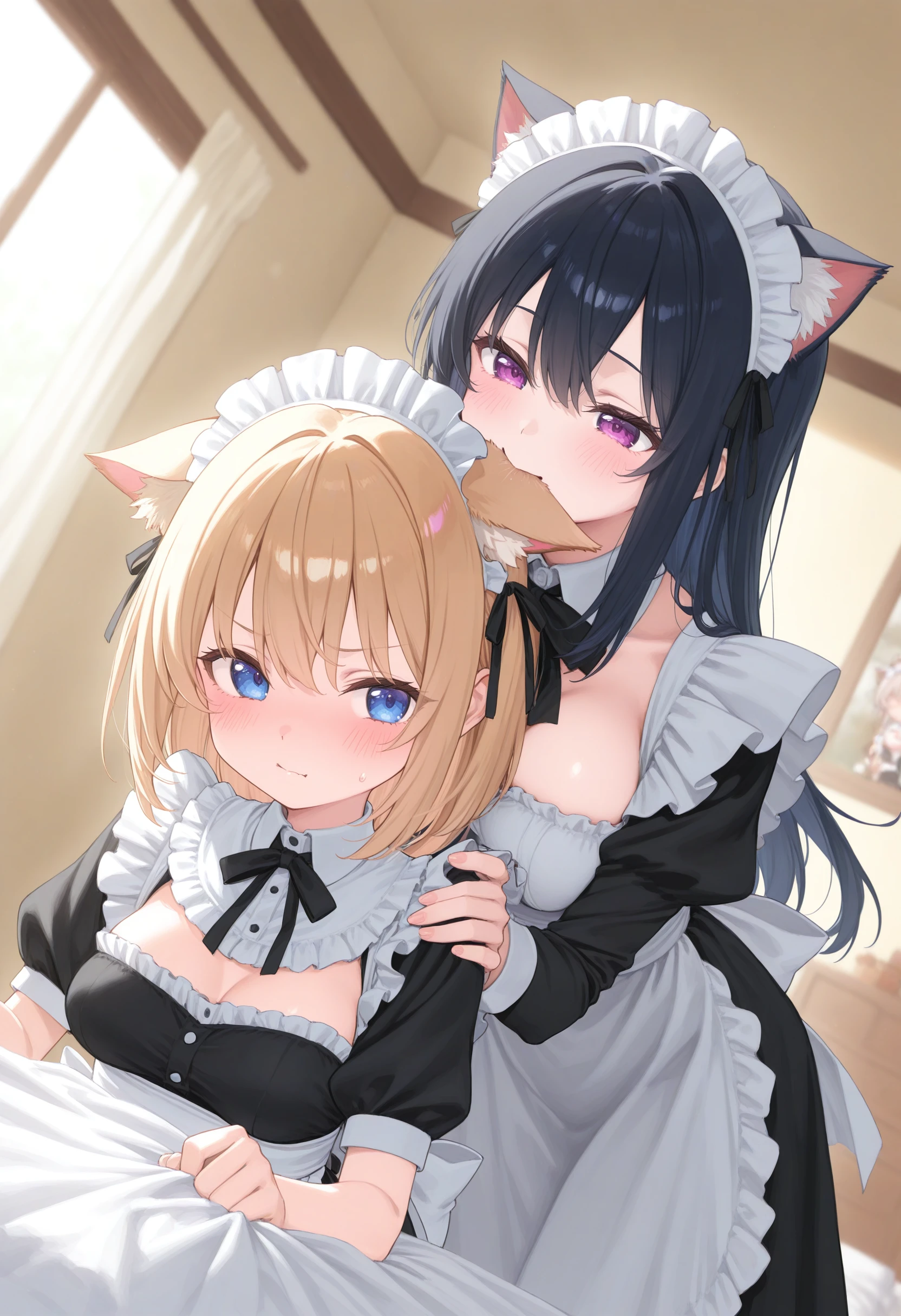 NSFW、(((flat chest)))、(((Upper body naked)))、maid clothes、Lori、Cat's ears、a blond、twinsies