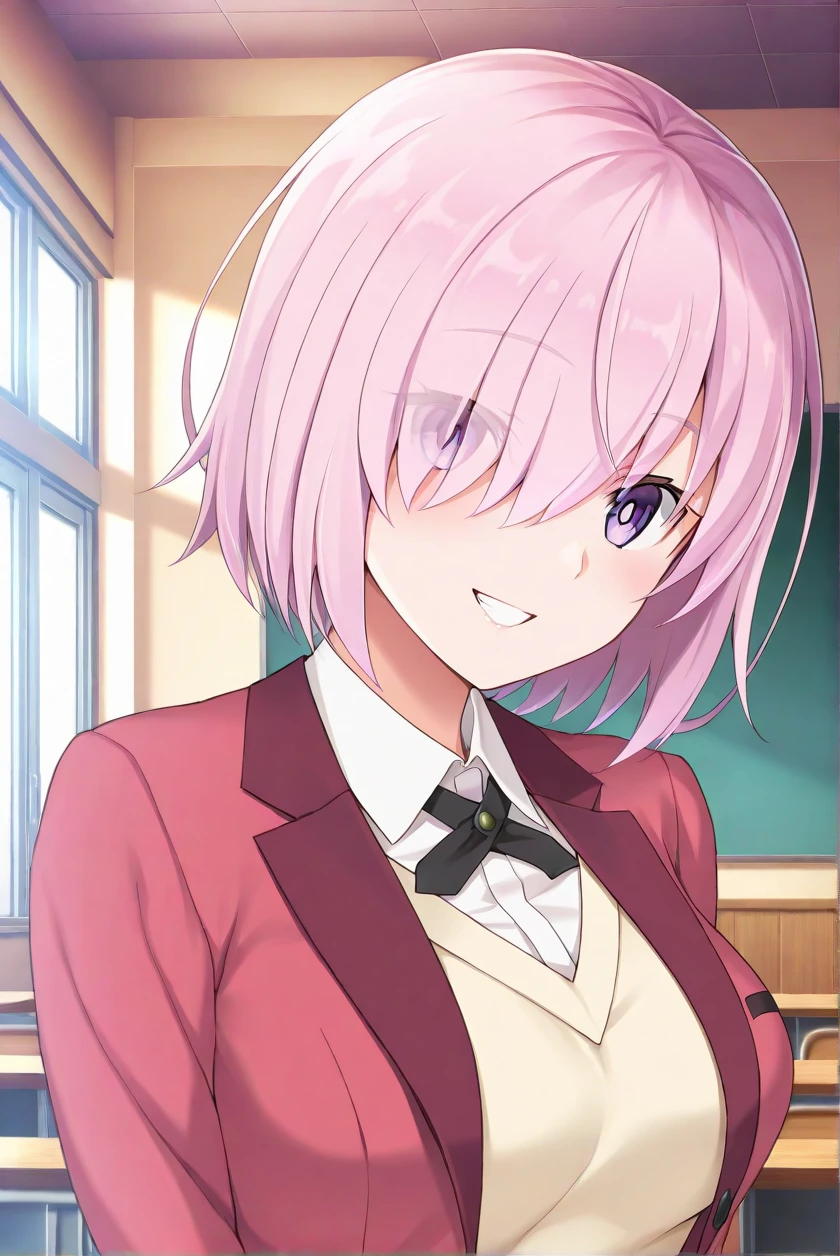 sensitive,1girl,solo,mash kyrielight,grin,<lora:kizuna_school_uniform-000004>,kizuna uniform,collared shirt,black bowtie,upper body,
indoors,classroom,