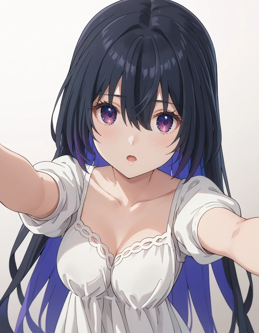 (masterpiece, best quality, high resolution, 8k:1.2),anime art style, nozaki yuu,anime, girl1people,(narrowed eyes, eyes half-closed, jitome, rolling eyes :1.2),(eye light: 1.2),closed mouth, blue hair, very long hair, (wavy hair:1.2), purple eyes, beautiful eyes, highly detailed face, Detailed CG, expressionless, solo,(iridescent dress, venue), standing, looking at the viewer, in the center of the image, dynamic poses, dynamic angles,