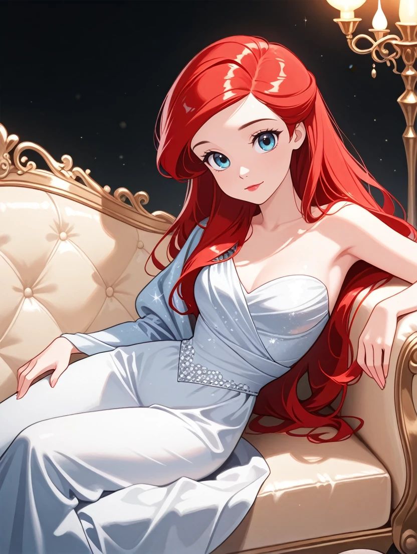 masterpiece, best quality, absurdres,
<lora:DisneyAriel:1.0>
DisneyAriel, 1girl, red hair, blue eyes, long hair, looking at viewer, reclining on a vintage chaise lounge,one arm draped over the back,elegant ballroom with crystal chandeliers,soft ambient lighting,luxurious and sophisticated setting