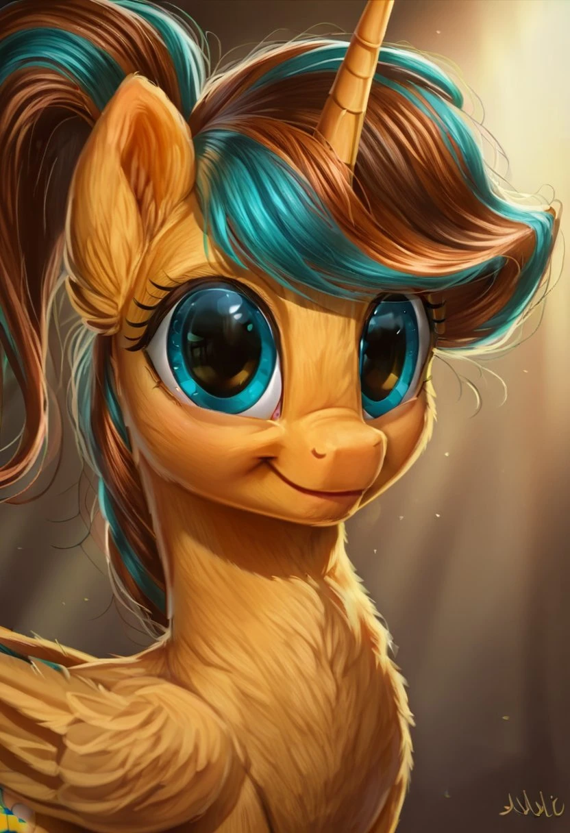 , score_9, score_8_up, score_7_up, score_6_up, score_5_up, score_4_up, rating_safe, Princess Tempora,alicorn,golden yellow body, large golden wings and a distinctive hairstyle. The hair is a mix of turquoise and brown, tied in a ponytail, on the rump is a golden symbol resembling an hourglass or a butterfly ((cute, little, fuzzy pony, fur)), (high quality, detailed, beautiful), shiny, adorable face, detailed beautiful eyes, diadema, sunlight, realistic, outstanding, countershading, detailed soft lighting, ear fluff, hoof on face, cinematic vintage photography <lora:Princess_Tempora:1>