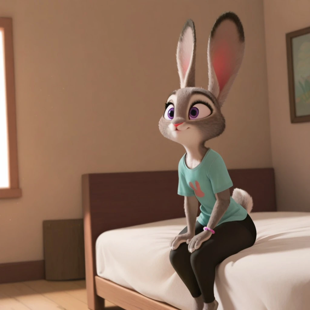masterpiece, best quality, amazing quality, hoppsJudyztil, anthro, female, bunny, grey fur, purple eyes, rabbit ears, rabbit tail, rabbit girl, teal shirt, short sleeves, black leggings, bracelet, sitting on bed, inside, bedroom, solo, 1girl, <lora:d6db14ba-dfbc-4960-a473-d6d2179229df:0.7>