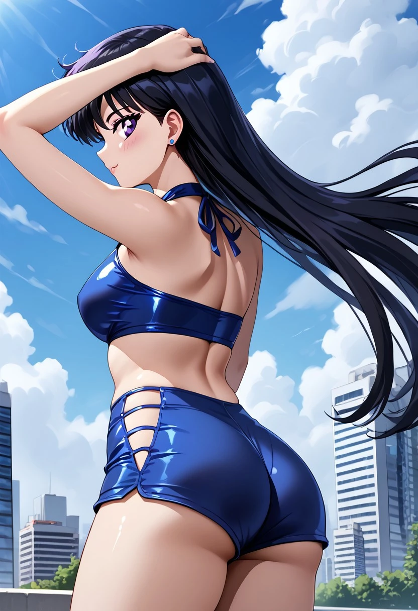high resolution, ultra-sharp, 8k, Masterpiece, Check Inue, looking at the viewer, Photography from behind, thick ass, wearing blue thong, seductive smile, beautiful face, ashamed, ashamed, sticking out ass