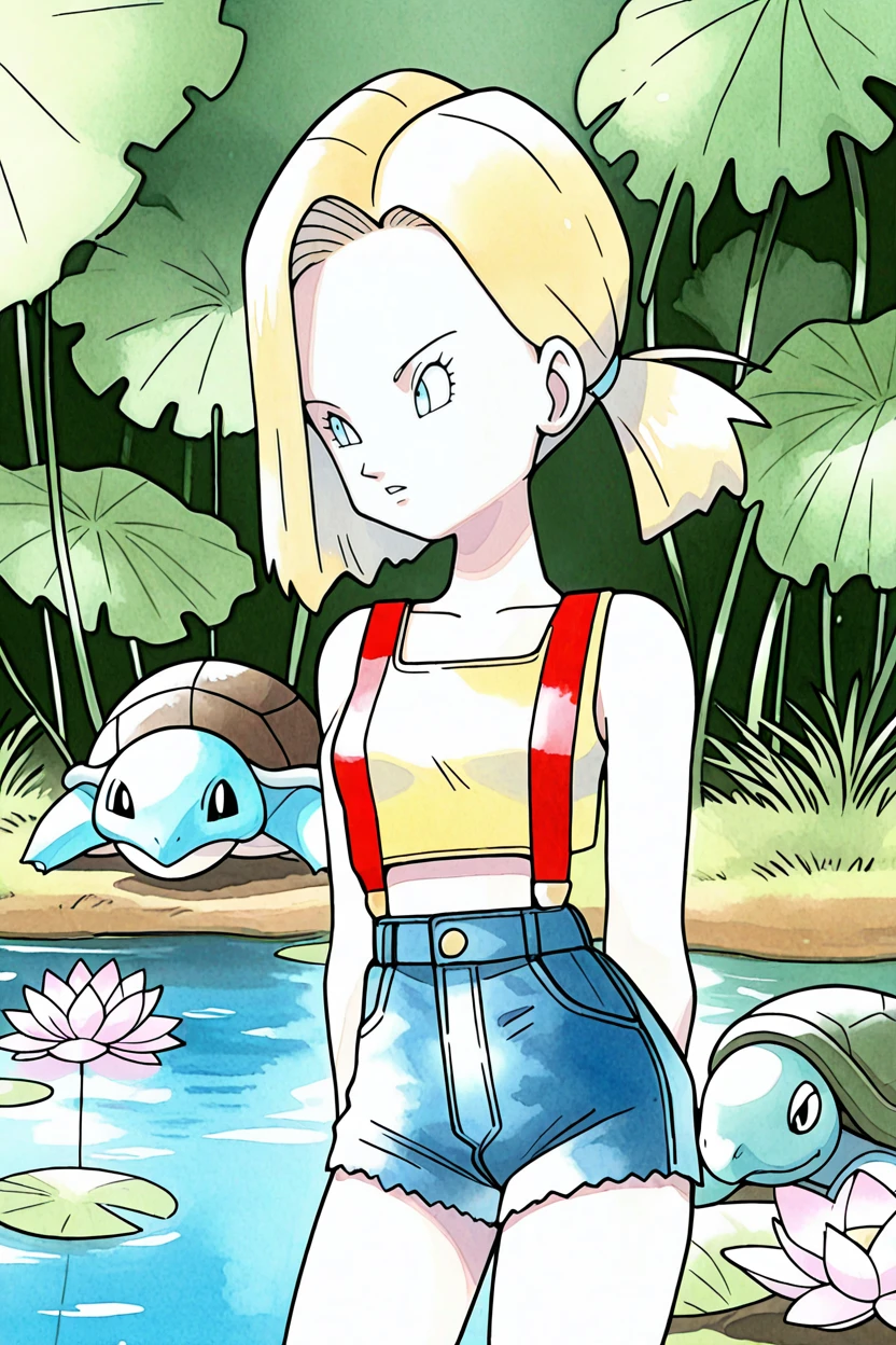 masterpiece,best quality,a18, ict style,watercolor \(medium\), 1girl,solo,1other, blonde hair, light blue eyes, side ponytail, yellow crop top, midriff, red suspenders, denim shorts, short shorts, pond, lotus, blue water pokemon \(creature\), turtle,bare shoulders,eyelashes,nature,parted hair,looking afar,hair up, <lora:Android18IllusV2:1> <lora:KenSugimoriIllus:1>