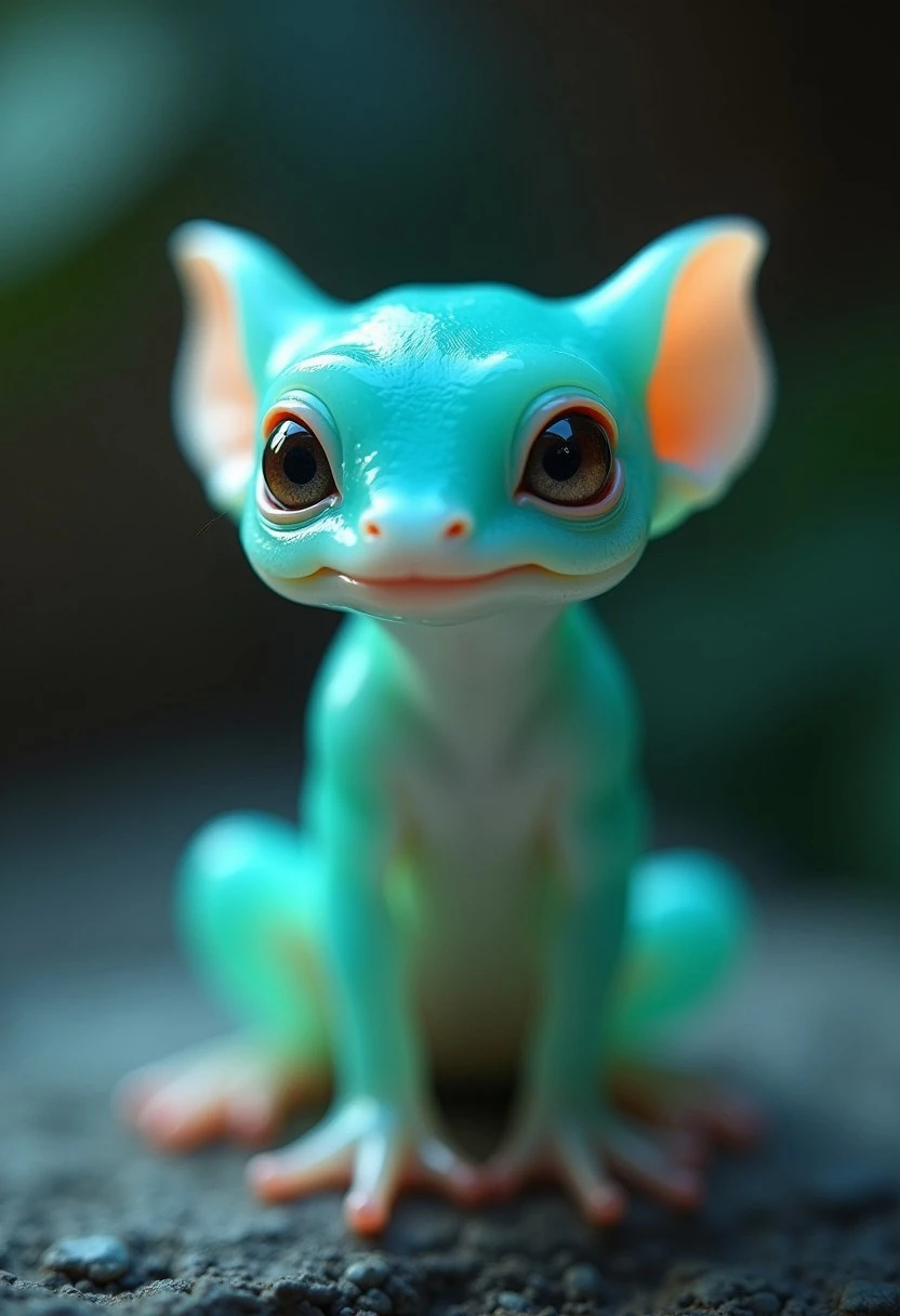 Close-up shot of a translucent teal kobold perched on its knees, its gelatinous limbs splayed apart. Soft, ambient lighting illuminates the scene from above, casting a warm glow over the kobold's delicate features and glistening skin. The focus is on the kobold's serene expression, with the blurred background adding depth to the composition.