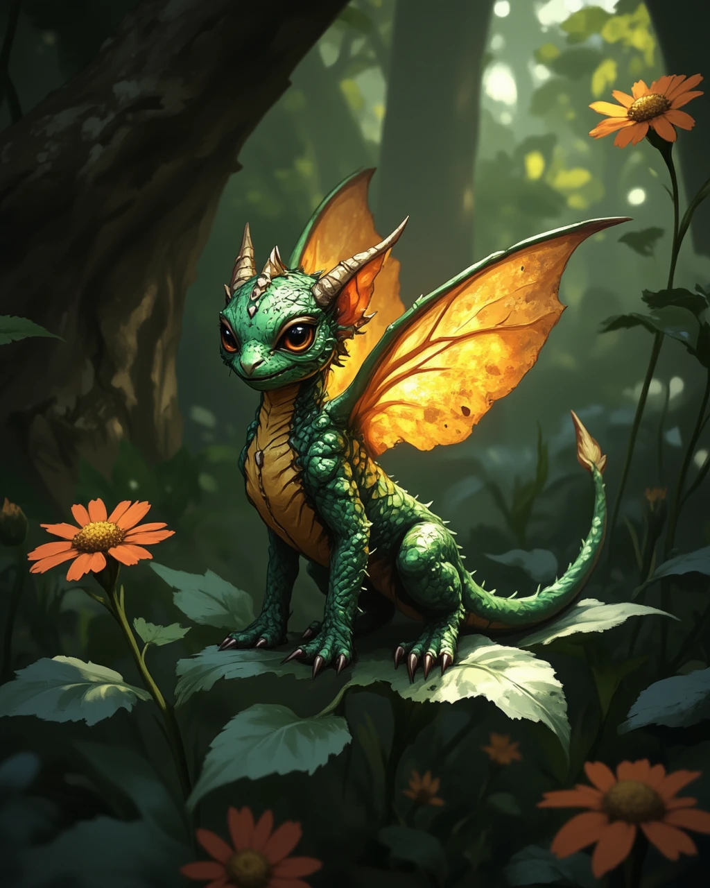 wc1dnd_style, in the style of cksc, Digital painting, a miniature fairy dragon, its scales shimmering in vibrant hues of green and gold, perched on a delicate leaf. Its tiny claws grip the edge, and its wings glisten as sunlight filters through them, casting faint rainbows onto the nearby flowers.
<lora:Flux.Digital_Painting_DnD:1> <lora:ck-shadow-circuit-000021:0.4>