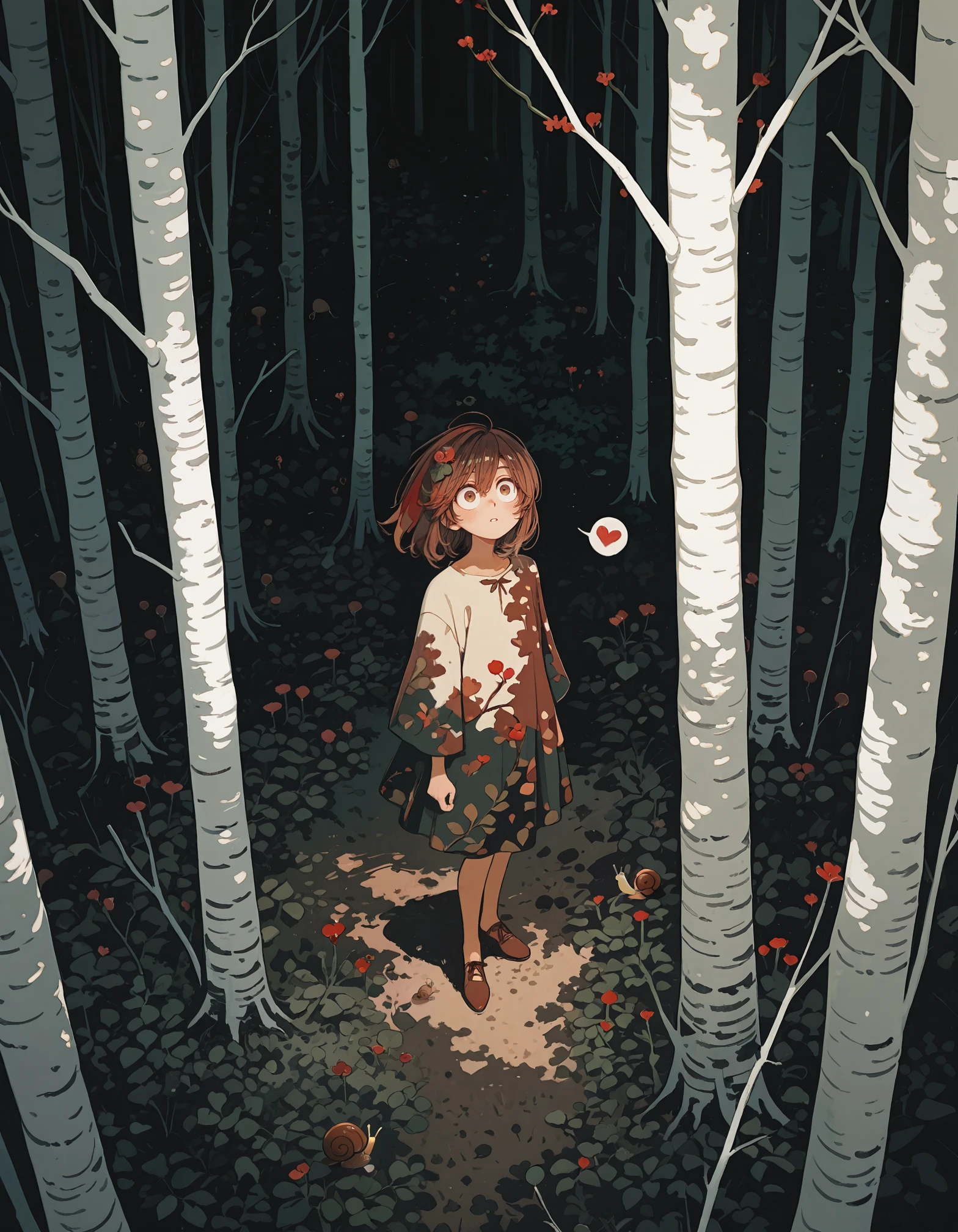 intricate details,masterpiece, very aesthetic, absurdres,newest,blending, traditional media,   k4_illu,Enchanted forest,1girl, birch trees, hidden figure, wide-eyed character, lush foliage, heart-shaped leaves, tiny red flowers, snail, whimsical, mysterious, dark forest, anime style, digital art, intricate details, muted colors, green and brown palette, fantasy illustration, <lora:ka_marukogedago:1>