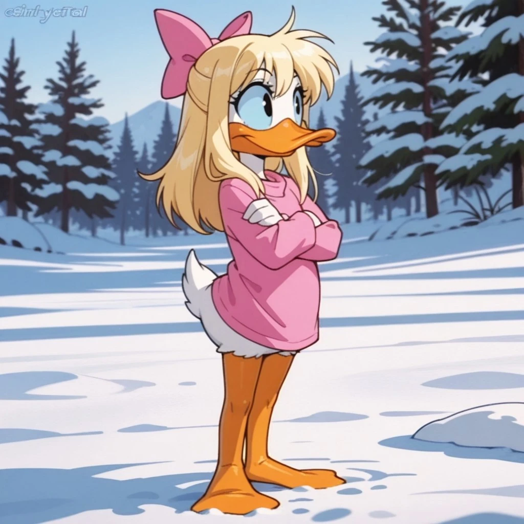 masterpiece, best quality, amazing quality, ShirleyttaIl, semi-anthro, female, duck, blonde hair, blue sclera, black eyes, white feathers, pink bow, pink shirt, standing, outside, winter, snow, crossed arms, freezing
