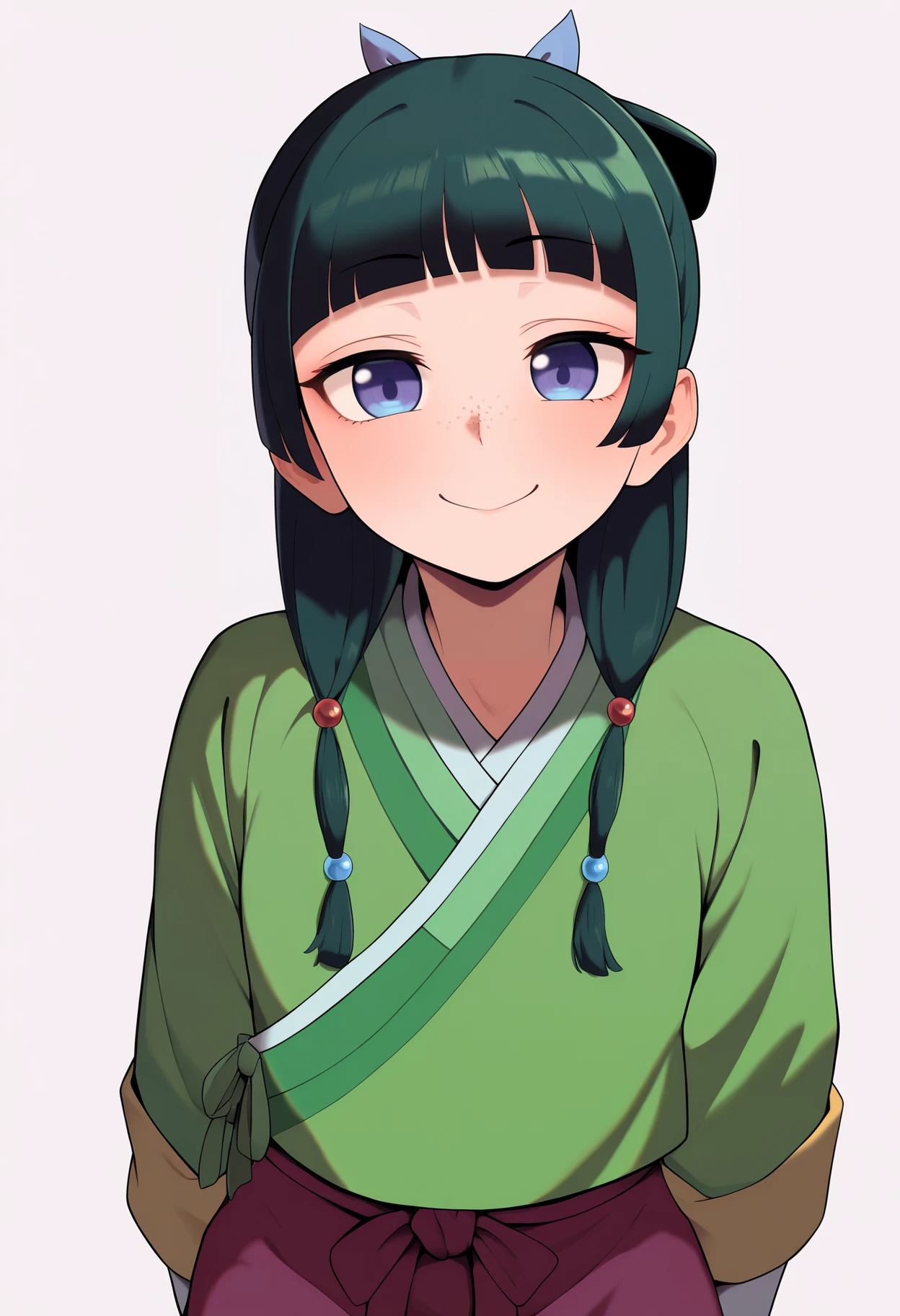 best quality, amazing quality, very aesthetic, absurdres,
1girl, maomao, blue eyes, blunt bangs, freckles, green hair, hair ornament,
green japanese clothes, long hair, long sleeves, purple skirt,
smile, upper body, looking at viewer, solo, simple background, white background <lora:MaoMaoNoobXL_byKonan:1>
