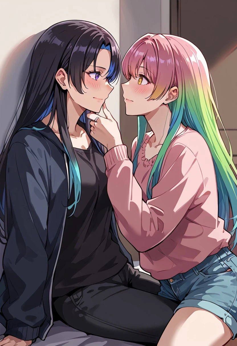 anime, 2girls, adult, chin grab, long hair, colorful hair, casual clothes, intricate clothing, embarrassed, laying on another