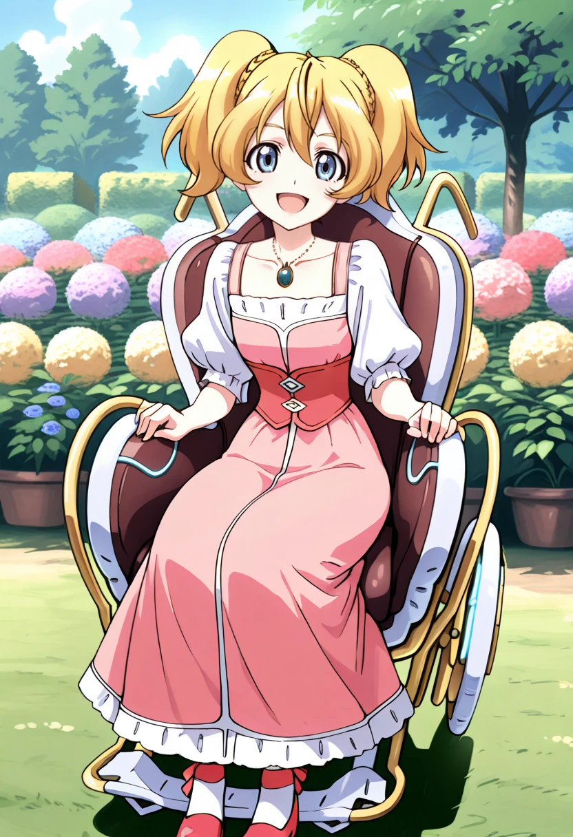 masterpiece, best quality, 1girl, solo, <lora:ill_silvia:1>, cross_silvia, wheelchair, sitting, short body, pink dress, puffy short sleeves, long skirt, corset, collarbone, pendant, white socks, red footwear, blonde hair, short twin tails, bangs, blue eyes, looking at viewer, smile, open mouth, garden, outdoors