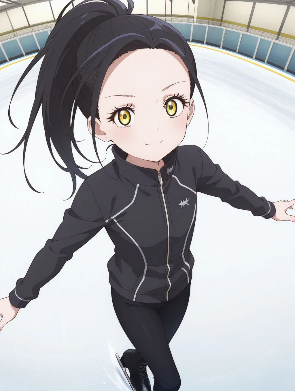 masterpiece, best quality, newest, absurdres, highres, detailed eyes, beautiful, detailed background, perfect eyes, anime coloring,1girl, solo, kamisaki hikaru, long hair, black hair, ponytail, yellow eyes, flat chest, black jacket, high collar, long sleeves, black pants, ice skates, ice skating, looking at viewer, (straigh-on, close up:1.2), serious, smile, (ice rink, fisheye), <lora:hikaru_mdlst_illus:0.8>