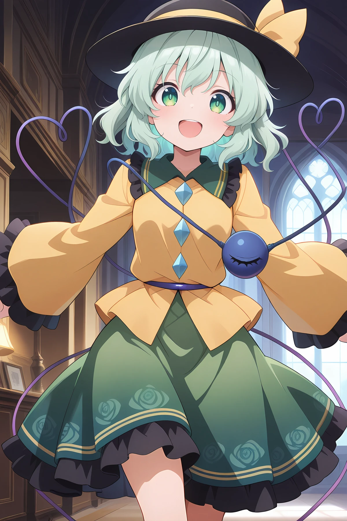 absurdres, highres, masterpiece, best quality, amazing quality, official anime artwork, screencap, anime screencap, indoors, palace, dark, office, dynamic pose, looking at viewer,
<lora:Komeiji-Koishi_illustrious:1> komeiji koishi, 1girl, solo, third eye, eyeball, heart of string, green hair, green eyes,, yellow shirt, black hat, frilled sleeves, frilled shirt collar, wide sleeves, hat bow, green skirt, yellow bow, hat ribbon, diamond button, yellow ribbon, smile, open mouth,