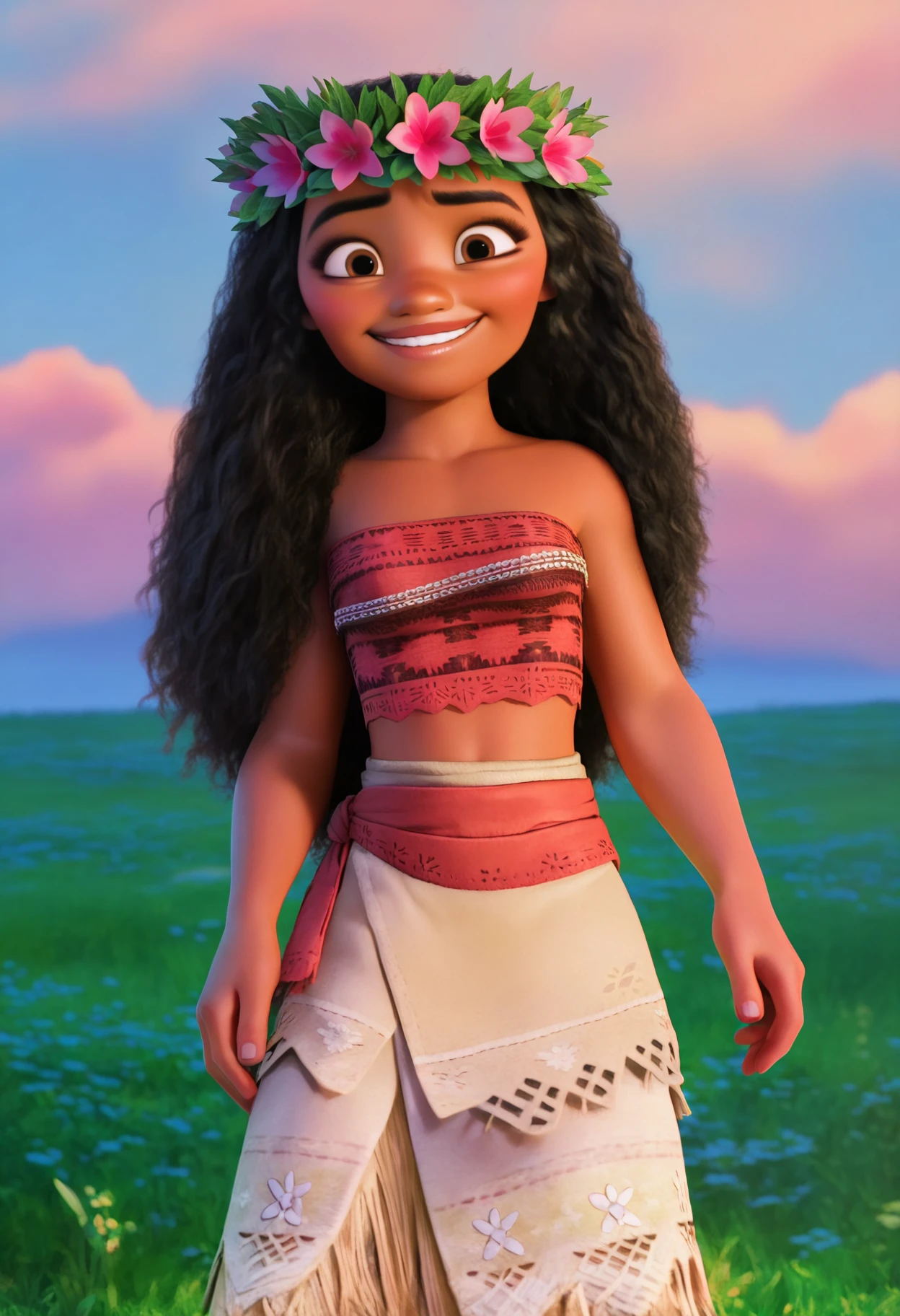 best quality, amazing quality, very aesthetic, absurdres,
1girl, moana, black hair, long hair, brown eyes, curly hair, dark skin,
flower, head wreath,
midriff, strapless, tube top, skirt,
smile,
solo, looking at viewer, standing,
blue sky, grass, meadow background, <lora:MoanaNoobXL_byKonan:1>