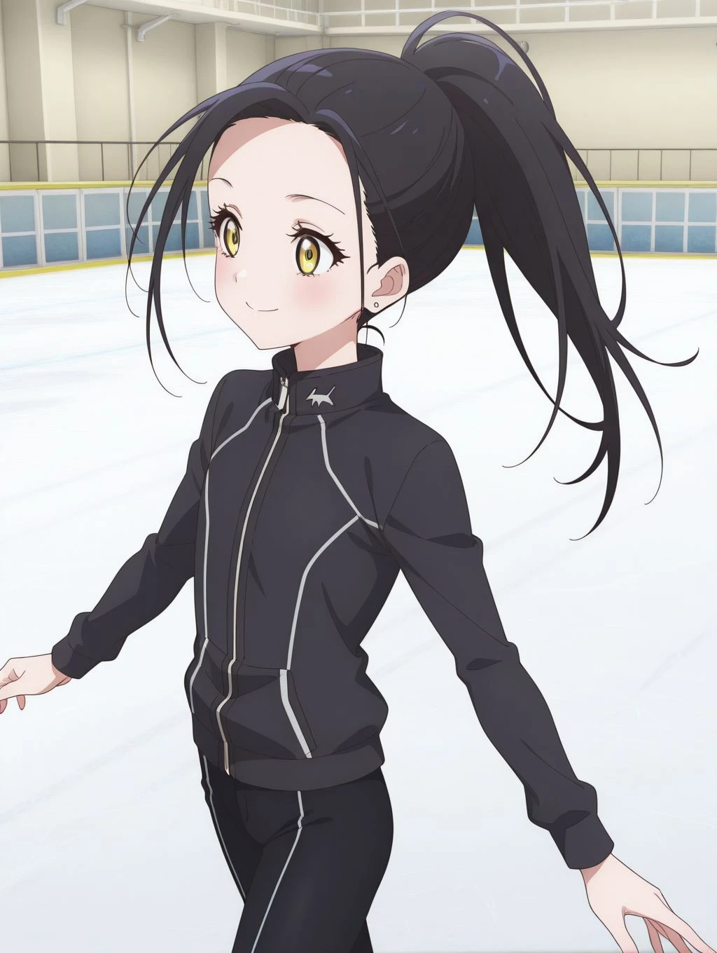 masterpiece, best quality, newest, absurdres, highres, detailed eyes, beautiful, detailed background, perfect eyes, anime coloring, 1girl, solo, kamisaki hikaru, long hair, stud earrings, black hair, ponytail, yellow eyes, flat chest, black jacket, high collar, long sleeves, black pants, ice skates, ice skating, smile, cowboy shot, (indoors, ice rink), <lora:hikaru_mdlst_illus:0.8>