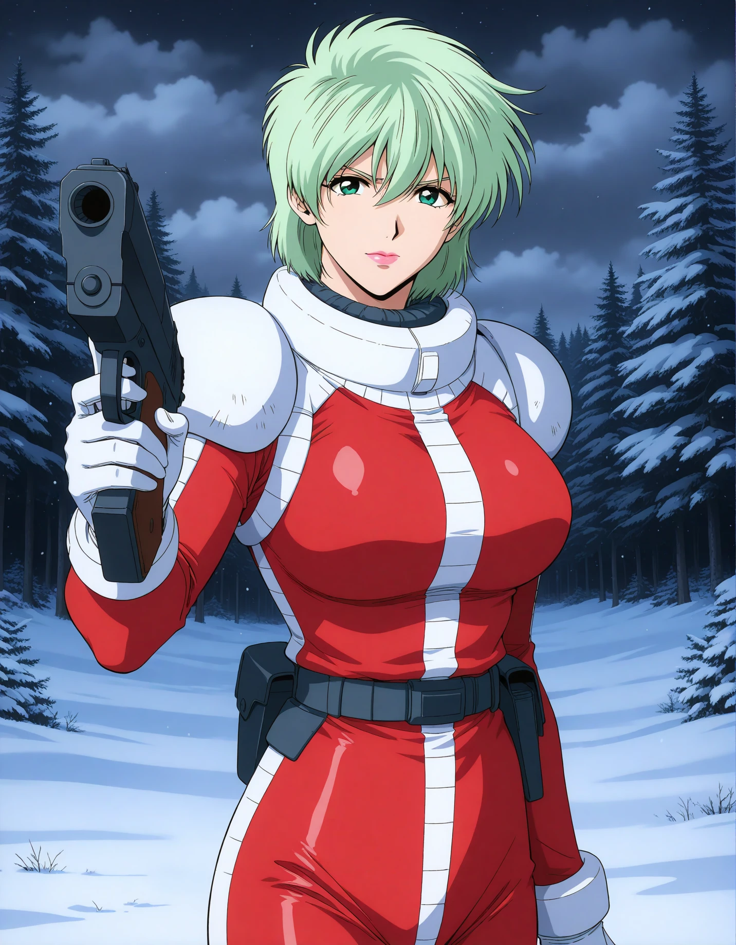 masterpiece, best quality, good quality, 1girl,solo,cowboy shot,standing,looking at viewer,(1990s \(style\):0.2),outdoor,snowy mountains,forest,cloudy,snow grains,night,
<lora:aina_sahalim_v2.01:1>,ainasahalim,green hair,green eyes,short hair,lips,lipstick,large breasts,(anger:0.5),closed mouth,pilot suit, red suit,hands with gun,pointing a gun,