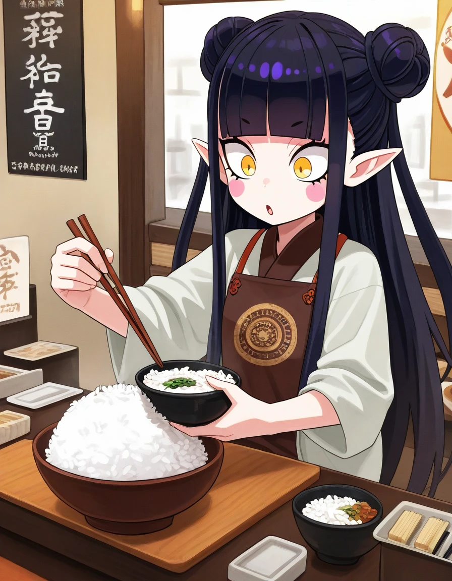 a girl holding a bowl with rice, black hair, double bun, very long hair, blush stickers, blunt bangs, sidelocks, pointy ears, chopsticks, restaurant, constricted pupils,
<lora:benantoka_style_illustrious_v1:1.2>