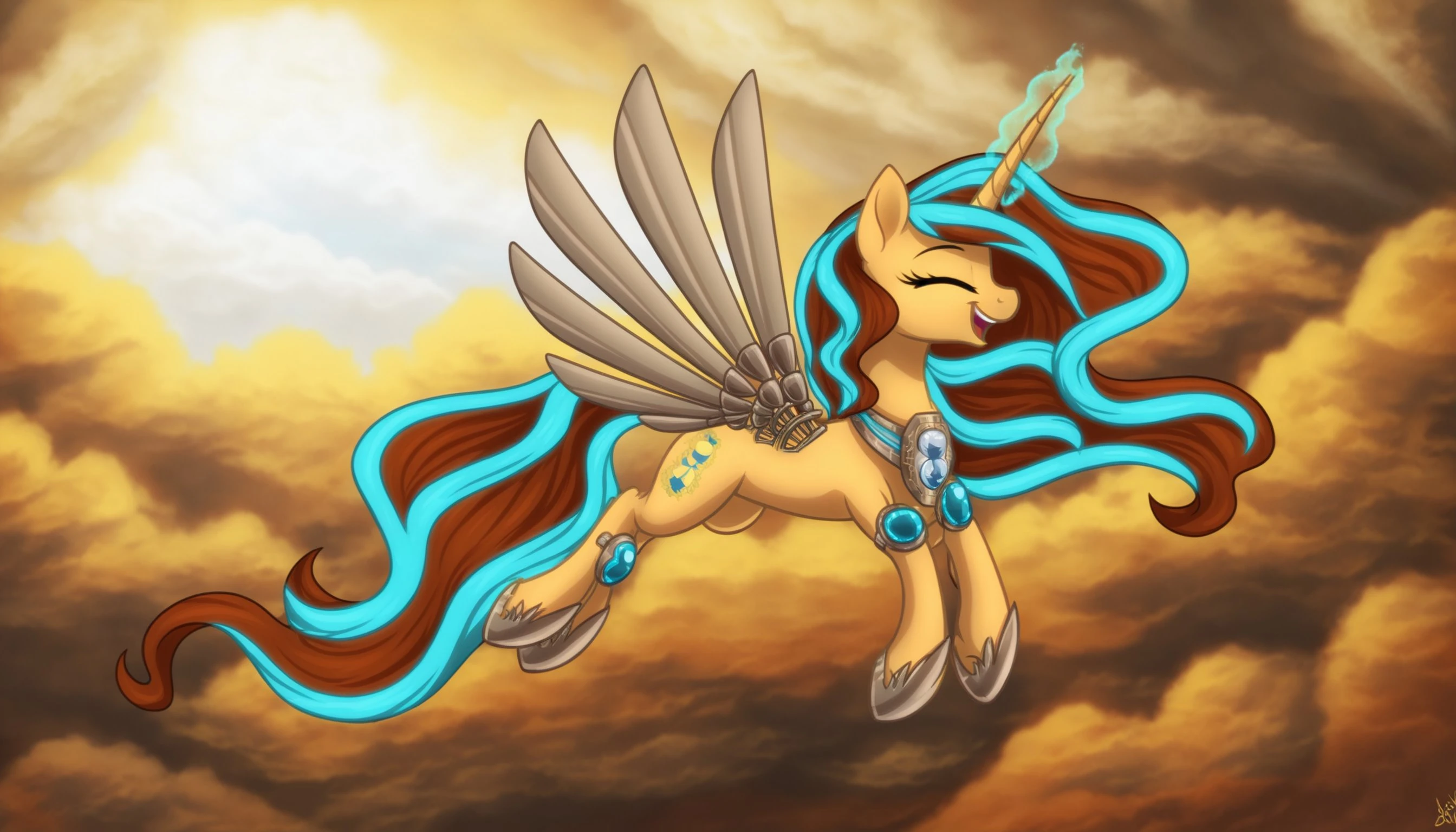 <lora:Princess_Tempora:1> princess Tempora, an alicorn, yellow-gold colored body, long, flowing mane and tail, the mane is a mix of turquoise/blue and burnt orange, with the orange being dominant on the tail and lower parts of the mane, eyes are bright blue, a notable detail is the mechanical gray wing-like structure attached to its side, with a small hourglass symbol visible on the side ,Moderate cyan eyes,Light gray skin, Brilliant rose hair with moderate cyan highlights, Light gray wings with moderate arctic , brilliant azure, brilliant sapphire blue,and moderate orchid feathers masterpiece, best quality, absurd res, hi res, my little pony, friendship is magic, dvixie, dennybutt, sandara, inowiseei, feral, equid, equine,, female, mare, pony, solo, cloud, eyes closed, falling, flying, happy, open mouth, vertigo, wings, smiling, spread wings, absurd resolution, long legs, slim, 16:9, <lora:dvixie-v7.3:0.3>,