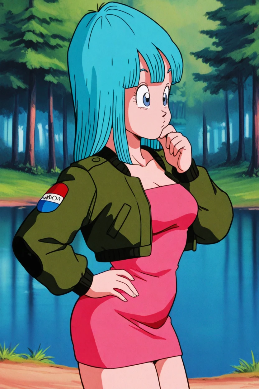 masterpiece,best quality, 1girl, solo,maron, aqua hair, blue eyes, leold style, blunt bangs,pink short dress, dark green cropped jacket, long sleeves, hand to own chin,thinking, lake, forest, nature ,medium breasts,collarbone,eyelashes,hand on own hip,shoulder patch,(from side:0.5), big eyes <lora:MaronIllus:1>