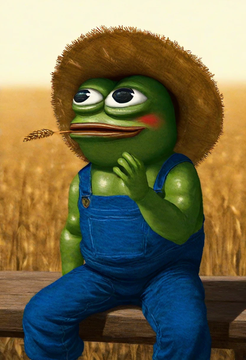 sungmoostyle, solo, pepe the frog, detailed face, detailed eyes, textured, detailed sunset farm background, sitting on porch, (dynamic pose), solo focus, (detailed body), blush, big black eyes, chromatic light, small head, depth of field, shiny skin, green skin, denim overalls, straw hat, wheat in mouth,