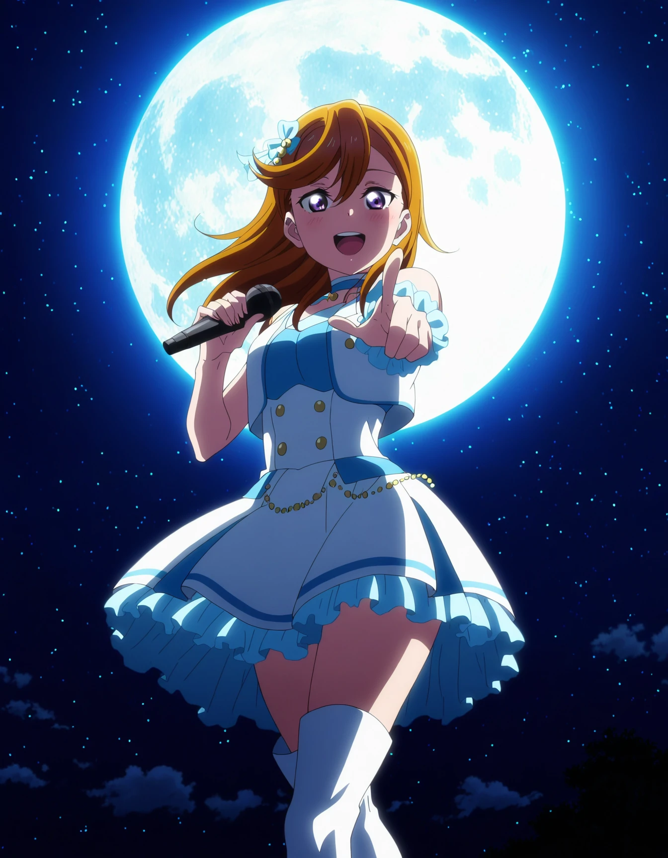 masterpiece, best quality, absurdres, highres, cinematic light, 1girl <lora:anime_screencap-IL v-pred:1> anime screencap, anime coloring, shibuya kanon, idol, idol clothes, dress, cropped jacket,hair ornament, thigh boots, white boots, moon, hug moon, night,star \(sky\), outdoors, school, looking at viewer, :d, pointing at viewer, :d, light blush, holding microphone, backlighting, dynamic light, wind, from below, dynamic angle