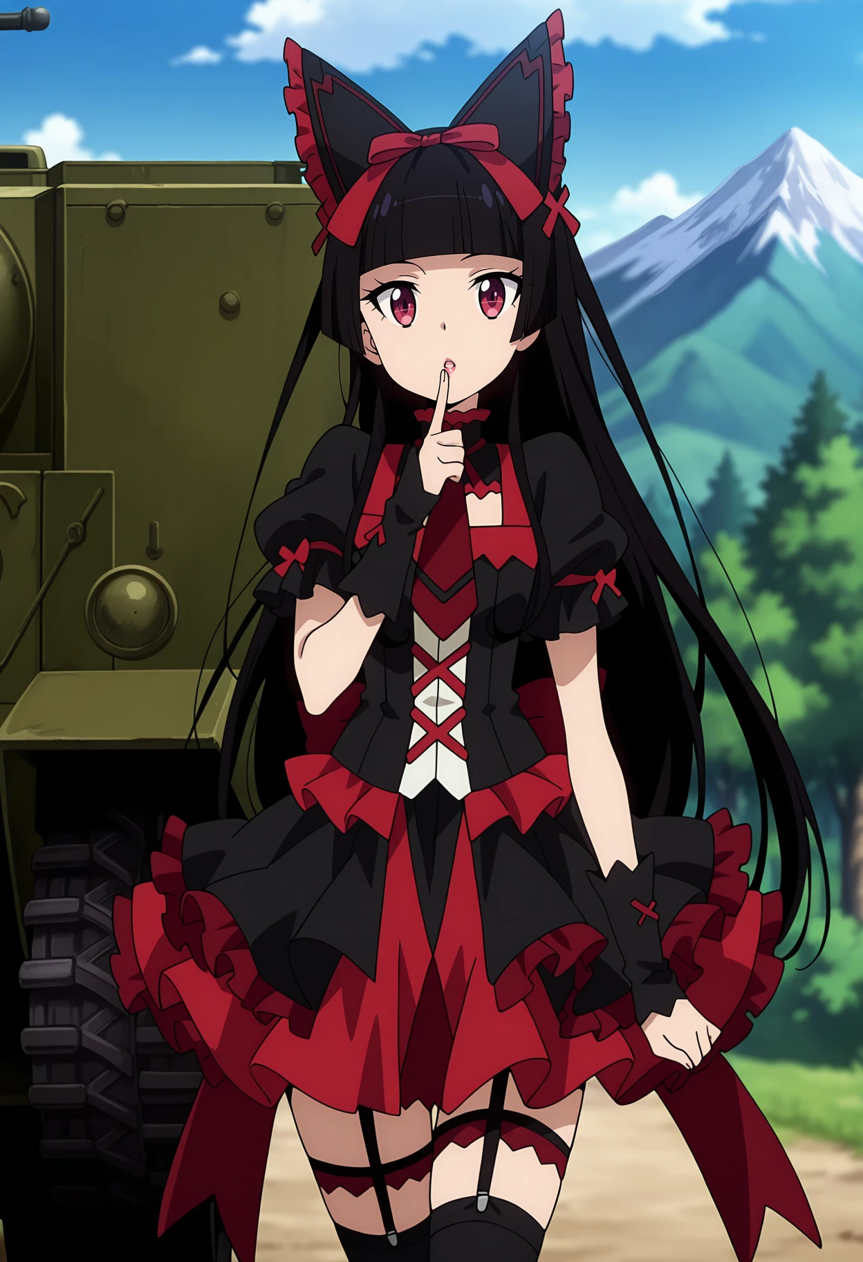 anime screencap, masterpiece, best quality,
<lora:GATE_RoryMercury_IlluXL:0.9>,
1girl, solo, open mouth, parted lips,
hime cut, long hair, blunt bangs, black hair, multicolored eyes, lips,
hair bow,
multicolored dress, frilled dress, cross-laced dress, red necktie, puffy short sleeves, ribbon trim, black arm warmers,
layered skirt, frilled skirt, garter straps, thigh strap, black thighhighs,
finger to mouth,
walking, arm at side, looking at viewer, cowboy shot,
military vehicle, mountain, blue sky, cloudy sky, nature, forest, blurry background