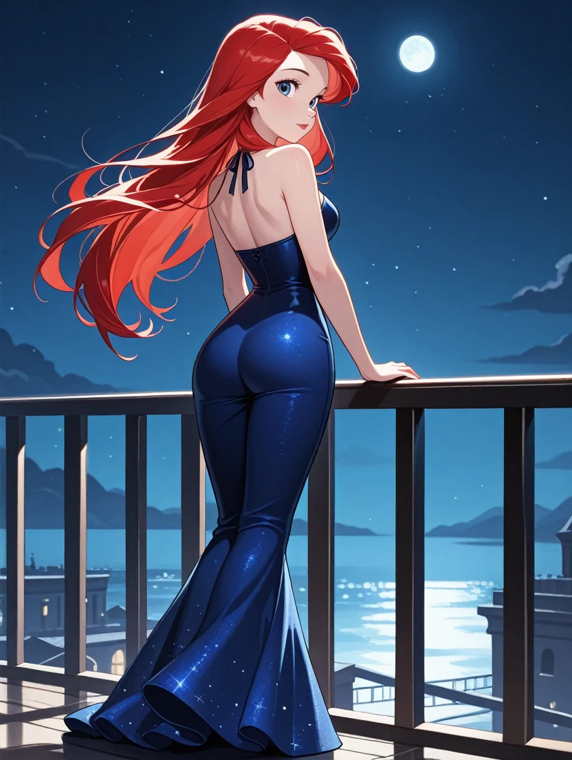 masterpiece, best quality, absurdres,
<lora:DisneyAriel:1.0>
DisneyAriel, 1girl, red hair, blue eyes, long hair, looking at viewer, from behind, night sky, railing, full body, looking back, moon