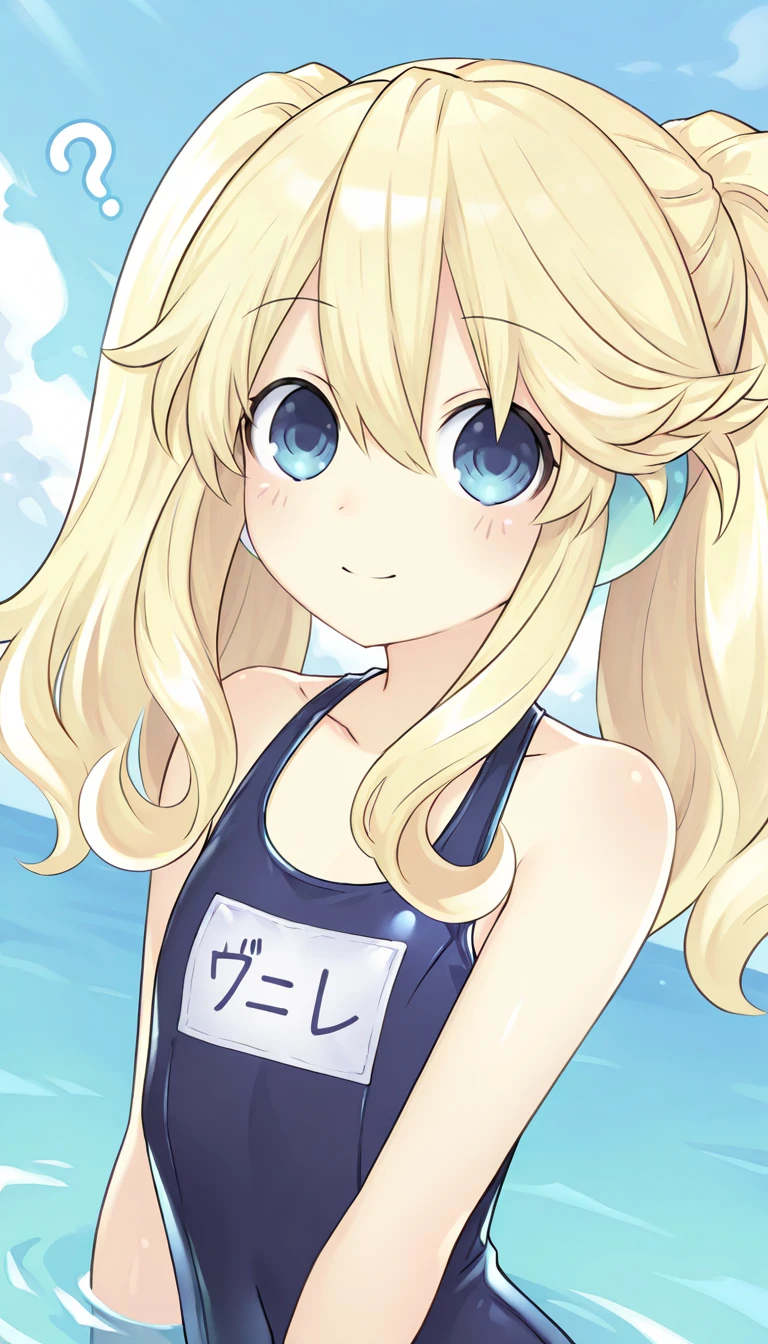 very small  cute little female, micro body frame, very small midget, ,extremely long platinum blonde  braids hair, big green eyes, freckles on face, long , , view from below, ,, sit on school ,big happy smile and whit swimsuit of peach color
