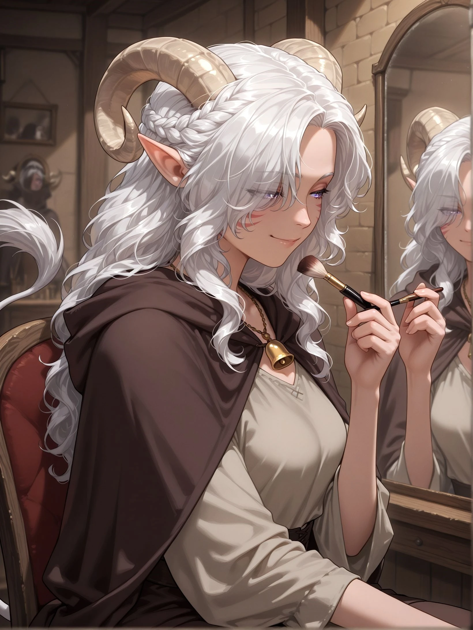 masterpiece, tiefling, tail, source_anime, pointy ears, tiefling, silver hair, ivory sheep horn, indoors, mirror, sitting on chair, medieval, solo, looking at mirror, from side, smile,
<lora:whisker_markings:0.8>red whisker_markings:1.7, silver long wavy hair, bell necklace, short pointy ears, purple eyes, <lora:age_slider_v4:1> purple pupils,shirt, purple eyes, tiefling_bard_diana:1.2, <lora:Erin Danua prefectPonyxl:0.3> white hair, parted bangs, hair over one eye, braid, <lora:Tiefling_bard_Diana_ILXL:0.7> portrait, cloak, big tail, cow tail,<lora:applying_makeup:0.5> applying makeup,big makeup brush:1.4,