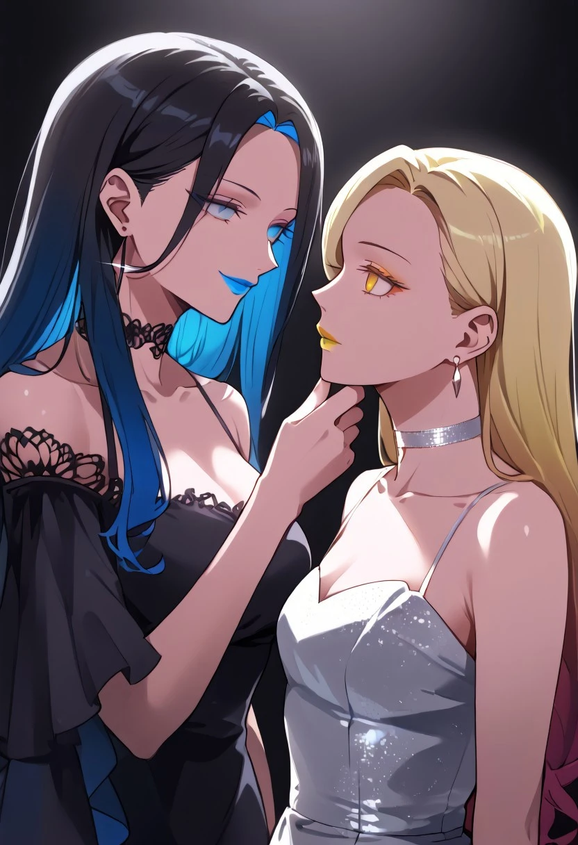 anime, two girls, adult, empty eyes, hypnotized, blank expression, expressionless, chin grab, handfixer, staring at another, looking into eyes, long hair, hair highlights, choker, sexy smile, fancy dress, lipstick, colorful lipstick, glossy lips, ear ring, glowing ear ring