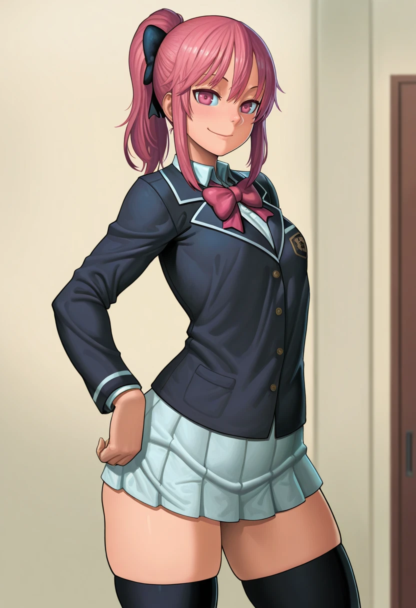 a woman in red school uniform,pink - purpule hair, yellow eyes, classroom, tails, (small breasts:1.2), an evil grin, slim
masterpeace, best quality, (extremely detailed CG:1.4), highly detailed faces