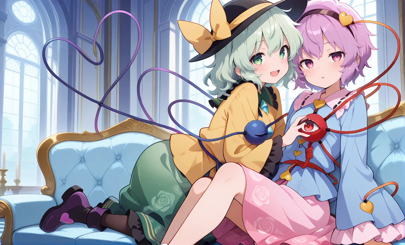 absurdres, highres, masterpiece, best quality, amazing quality, official anime artwork, screencap, anime screencap, indoors, palace, dark, checkered floor, marble, columns, sofa, dynamic pose, looking at viewer, 2girls, lying on sofa, sofa,
<lora:Komeiji-Koishi_illustrious:1> komeiji koishi, 1girl, third eye, eyeball, heart of string, green hair, green eyes,, yellow shirt, black hat, frilled sleeves, frilled shirt collar, wide sleeves, hat bow, green skirt, yellow bow, hat ribbon, diamond button, yellow ribbon, open mouth, smile,
<lora:Komeiji-Satori_illustrious:1> komeiji satori, 1girl, pink eyes, third eye, pink hair,, hairband, blue shirt, frilled shirt collar, frilled sleeves, pink skirt, blush,