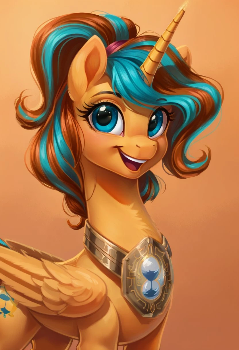 safe_pos, safe_pos, score_9, score_8_up, score_7_up, score_6_up,1 girl Princess Tempora,alicorn,golden yellow body, large golden wings and a distinctive hairstyle. The hair is a mix of turquoise and brown, tied in a ponytail, on the rump is a golden symbol resembling an hourglass or a butterfly (day), solo, pony, my little pony, body, shiny skin, looking at you, happy playful, cheerful dramatic solo <lora:3D_Animation_Diffusion_Pony_style:0.5> <lora:Princess_Tempora:1>