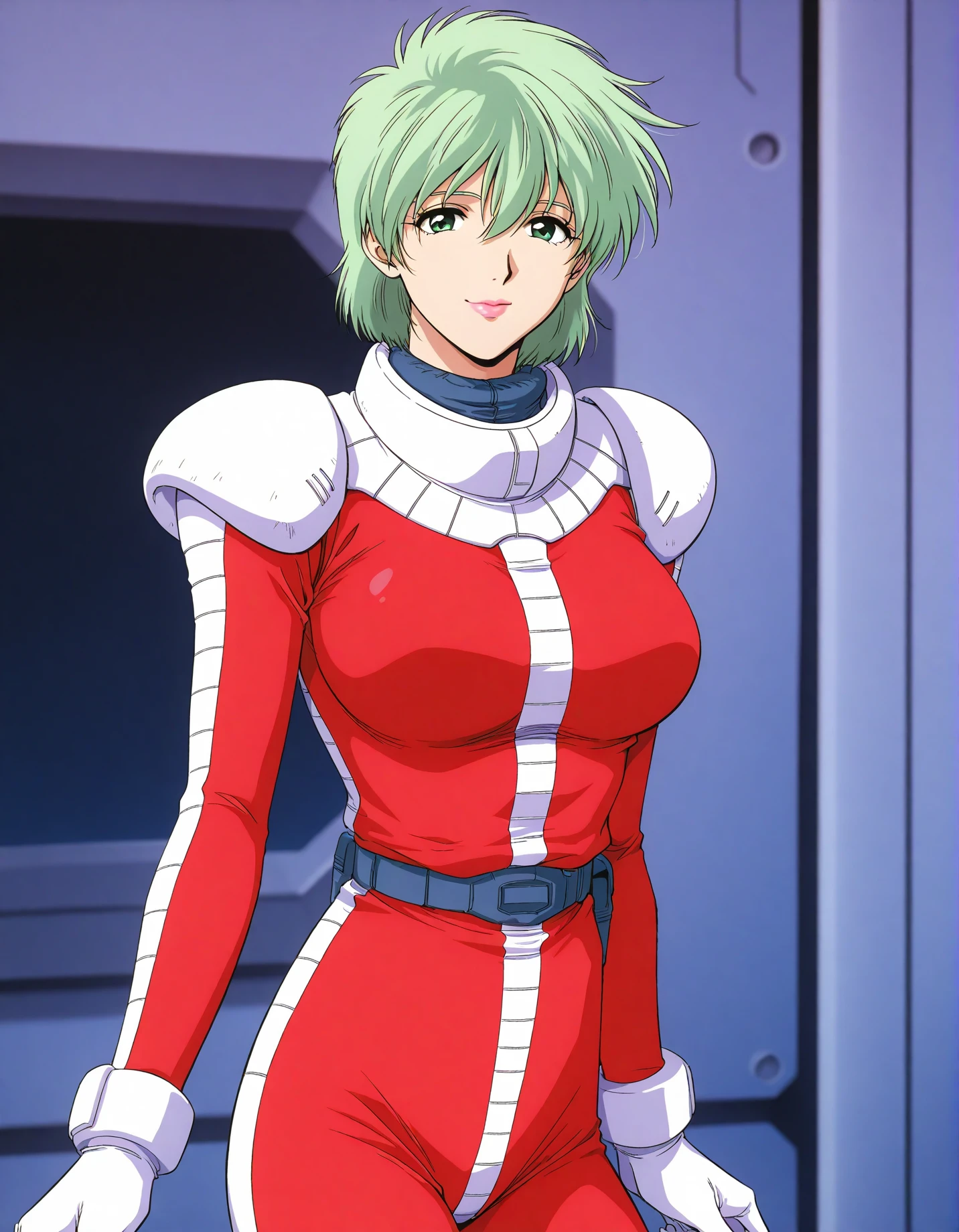 masterpiece, best quality, good quality, 1girl,solo,cowboy shot,standing,looking at viewer,(1990s \(style\):0.2),
<lora:aina_sahalim_v2.01:1>,ainasahalim,green hair,green eyes,short hair,lips,lipstick,large breasts,(smile:0.5),closed mouth,pilot suit, red suit,