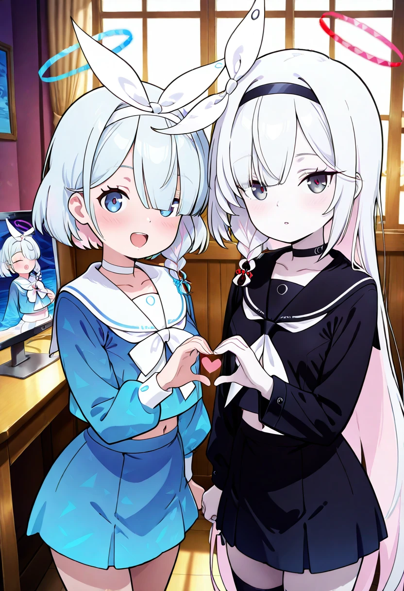 masterpiece, best quality, eyelashes, (beautiful eyes), long hair, looking at viewer, blush, smile, short hair, open mouth, multiple girls, skirt, ribbon, navel, 2girls, zzPlana,school uniform, blue hair, collarbone, closed eyes, hair ribbon, braid, white hair, heart, hairband, serafuku, alternate costume, choker, midriff, indoors, sailor collar, hair over one eye, neckerchief, grey eyes, single braid, headband, halo, side braid, heart hands, heart hands duo, zzArona , <lora:PlanaArona_IXL:1.0>,